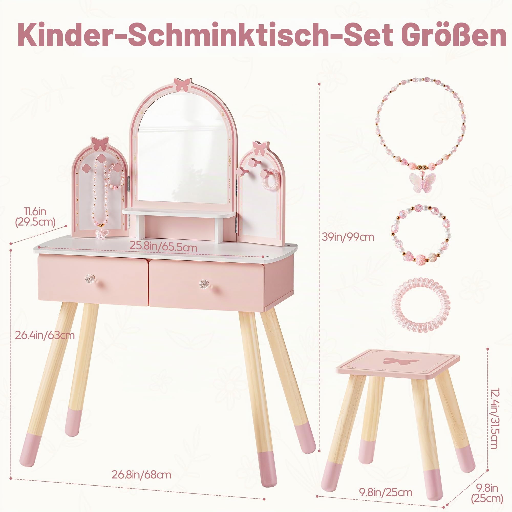 ROBUD Kinder Schminktisch mit Hocker: Mädchen kinderschminktisch mit Spiegel, Rollenspiel Schminktisch für Kinder, Frisiertisch mit Schublade und Zubehör für Kinderschminke, ab 3 Jahren (Rosa)