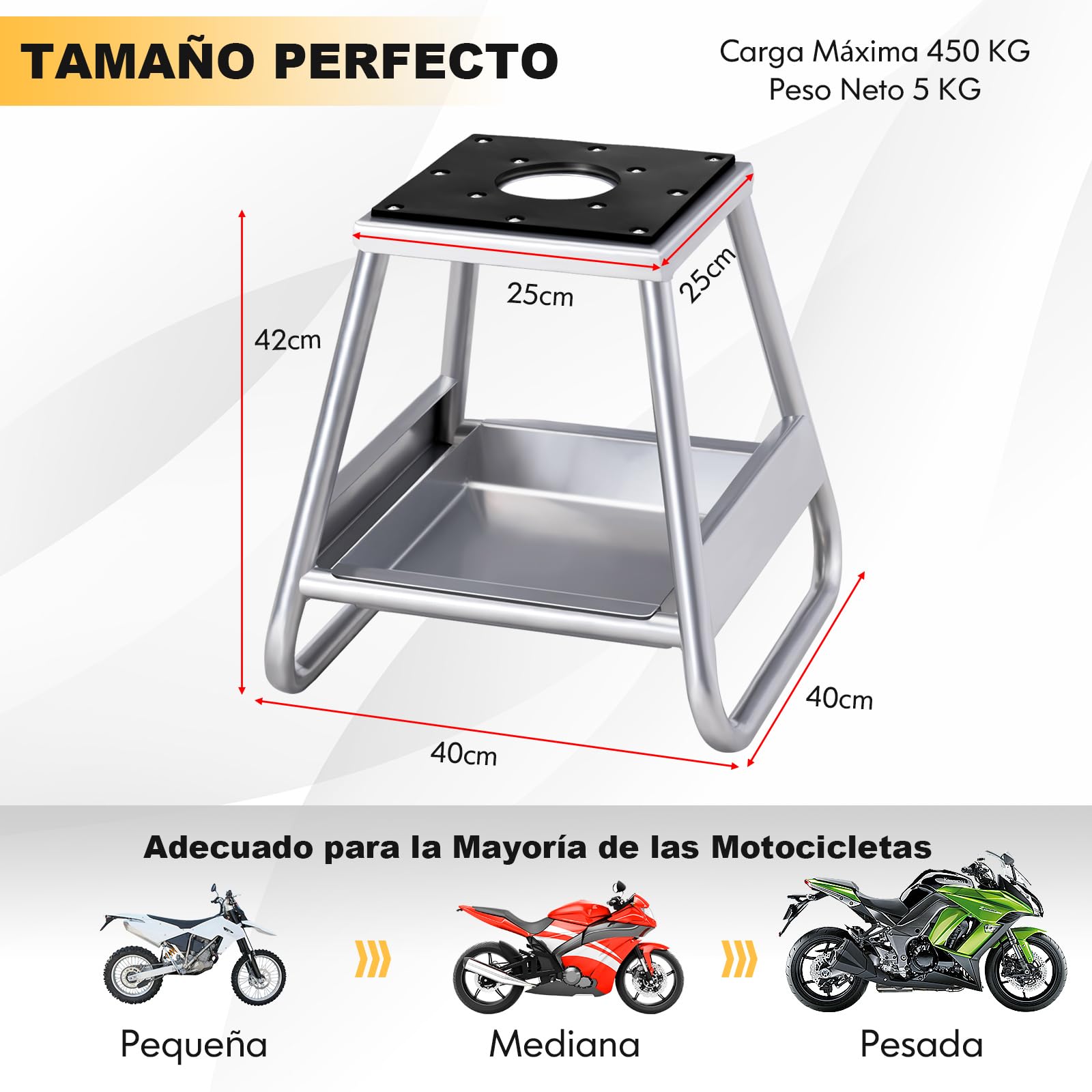 COSTWAY Soporte Elevador de Moto, Elevador Moto de Metal Resistente Con Bandeja de Aceite Extraíble Incluida y Parte Superior Antideslizante, Para Mantenimiento y Reparación, Capacidad de 450 KG