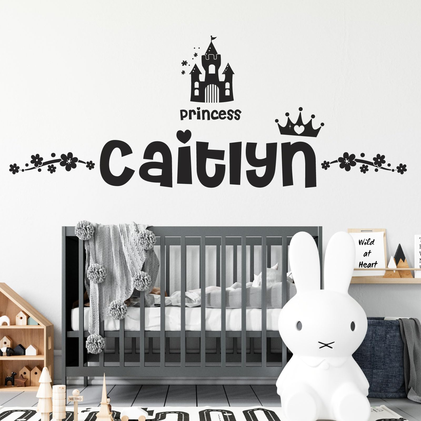 Personalised Name Girls Wall Art Sticker - Princess Disney Castle Crown Floral Motive [Large] [Black]