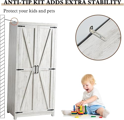 Miniatura 5 de Juego de 2 armarios grandes de 1,78 m con barra para colgar, armario de almacenamiento de ropa de estilo granja con 2 puertas de granero, armarios