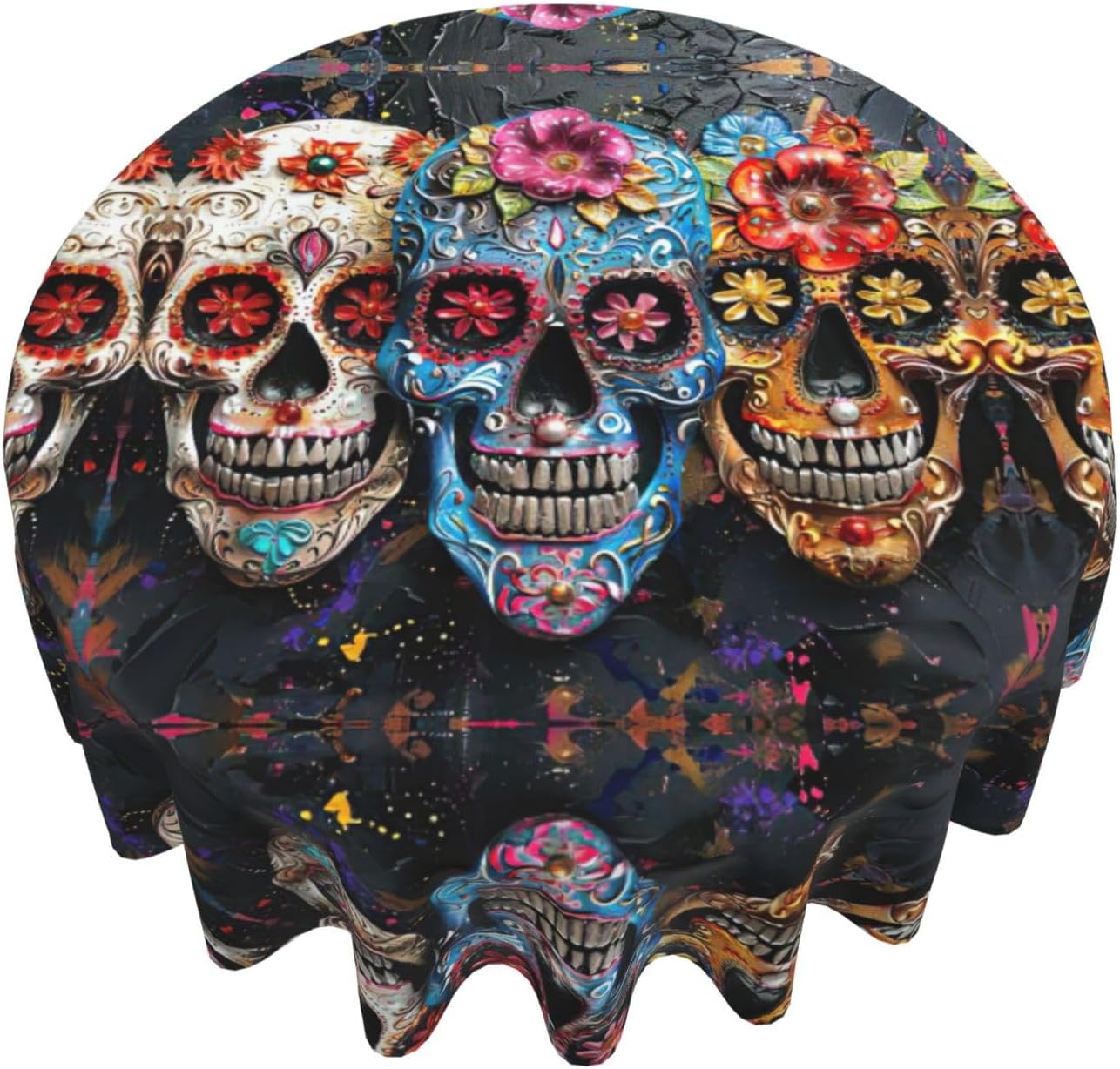 Sugar Skulls Print Wrinkle Free Dining Table Cover for Birthday Party Farmhouse Tablecloths Up to 60 x 60 Inches