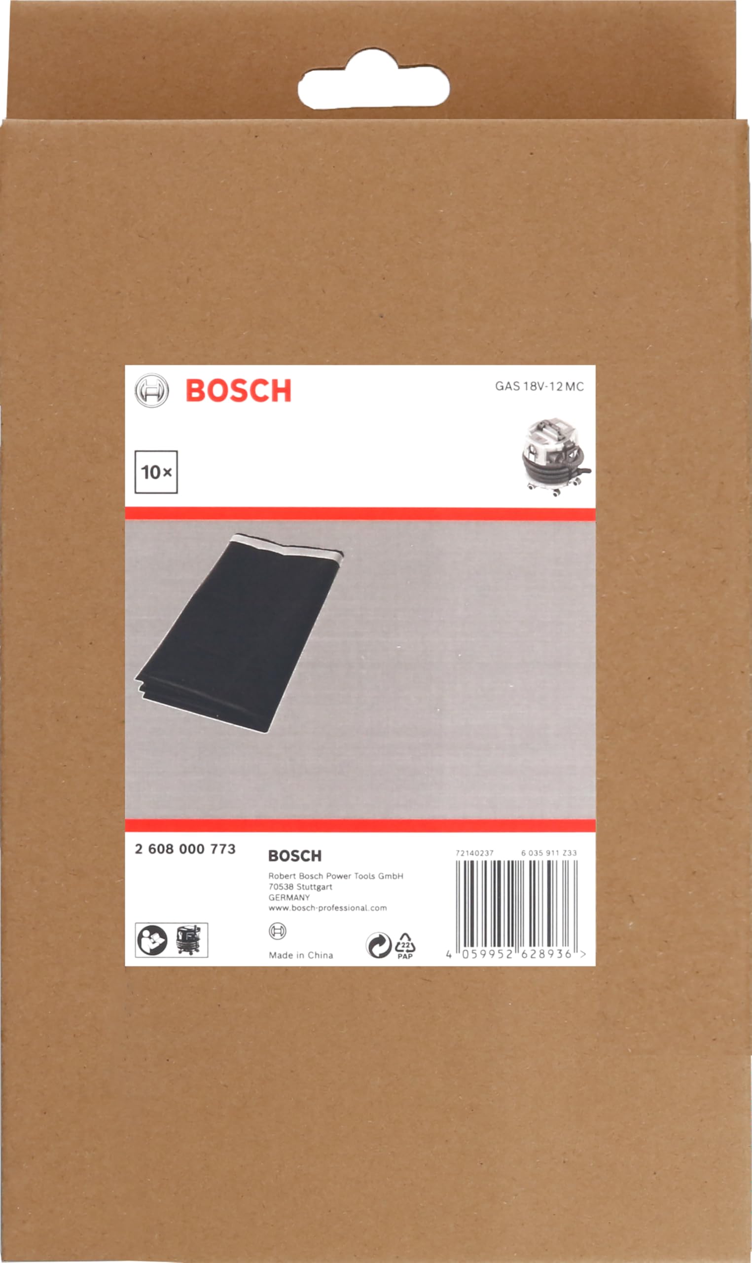 Bosch PRO 10 worków do utylizacji PE (do GAS 18V-12 MC, 265 x 125 x 12 mm, akcesoria do odkurzacza)