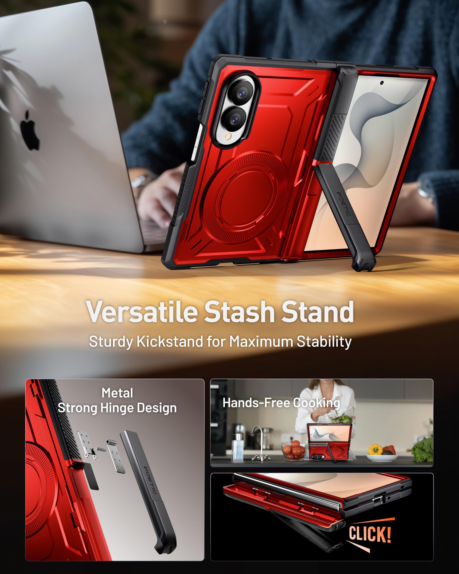 Poetic Custodia protettiva per Samsung Galaxy Z Fold 8, con cerniera, compatibile con MagSafe, pellicola protettiva in vetro temperato, robusta, antiurto, con cavalletto, colore: rosso metallizzato