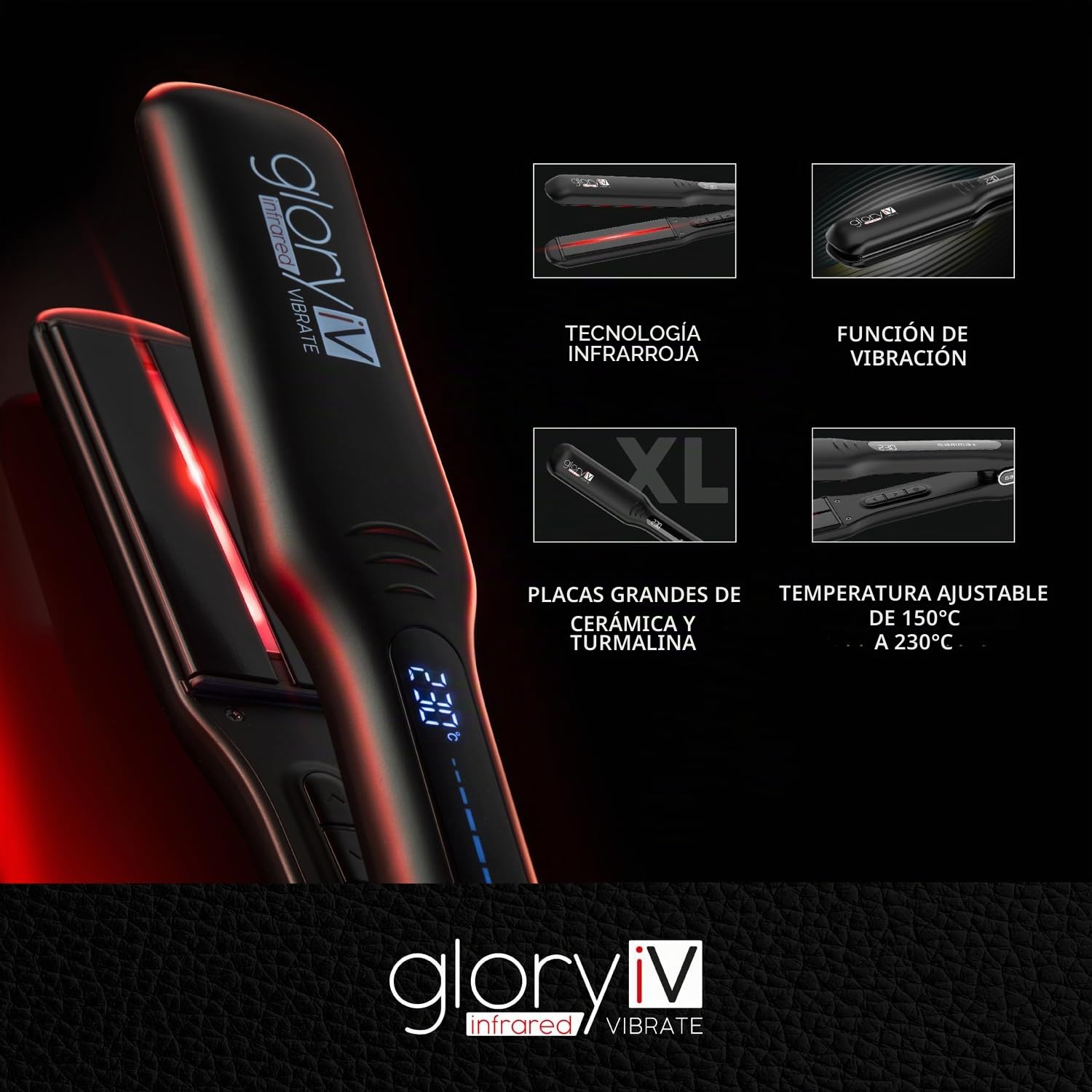 GAMMA+ Plancha de Cabello Profesional Vibratoria de Infrarrojos Glory iV, Matrices Extra Grandes de Cerámica y Turmalina, Temperatura 150-230°C, Apagado Automático, Calentamiento Rápido.