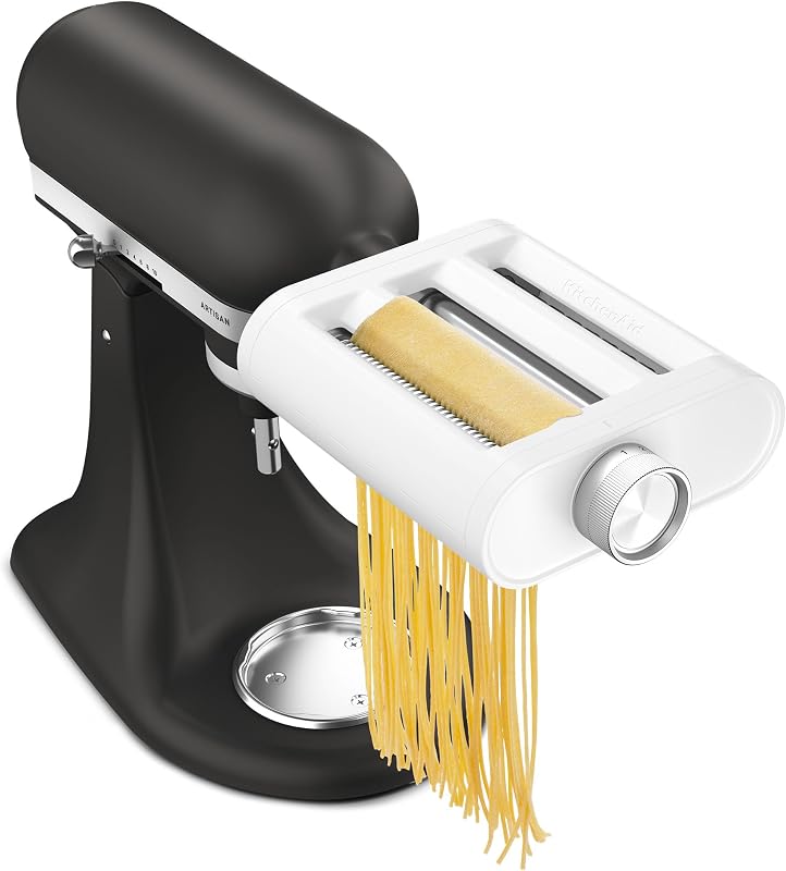 Accesorio para pasta 3 en 1 para batidoras con base KitchenAid, KSM3PPA | Se adapta a todas las batidoras con base KitchenAid, haga pasta casera fresca en 4 sencillos pasos, rodillos y cortadores de acero inoxidable.
