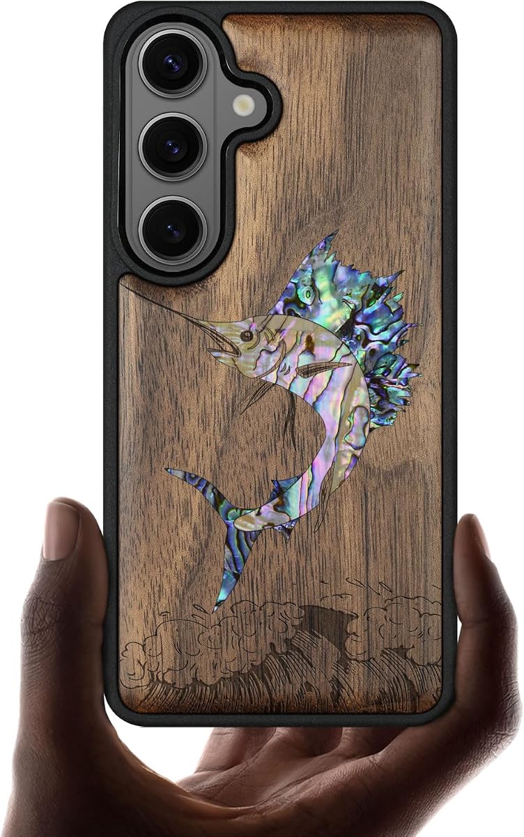 Carveit Handcrafted Case for Galaxy S26, Soaring Marlin, Walnut | Samsung Galaxy S26 Case Compatible with MagSafe Wireless Chargers, Wood Engraved & Shell Inlaid, TPU Shockproof Bumper