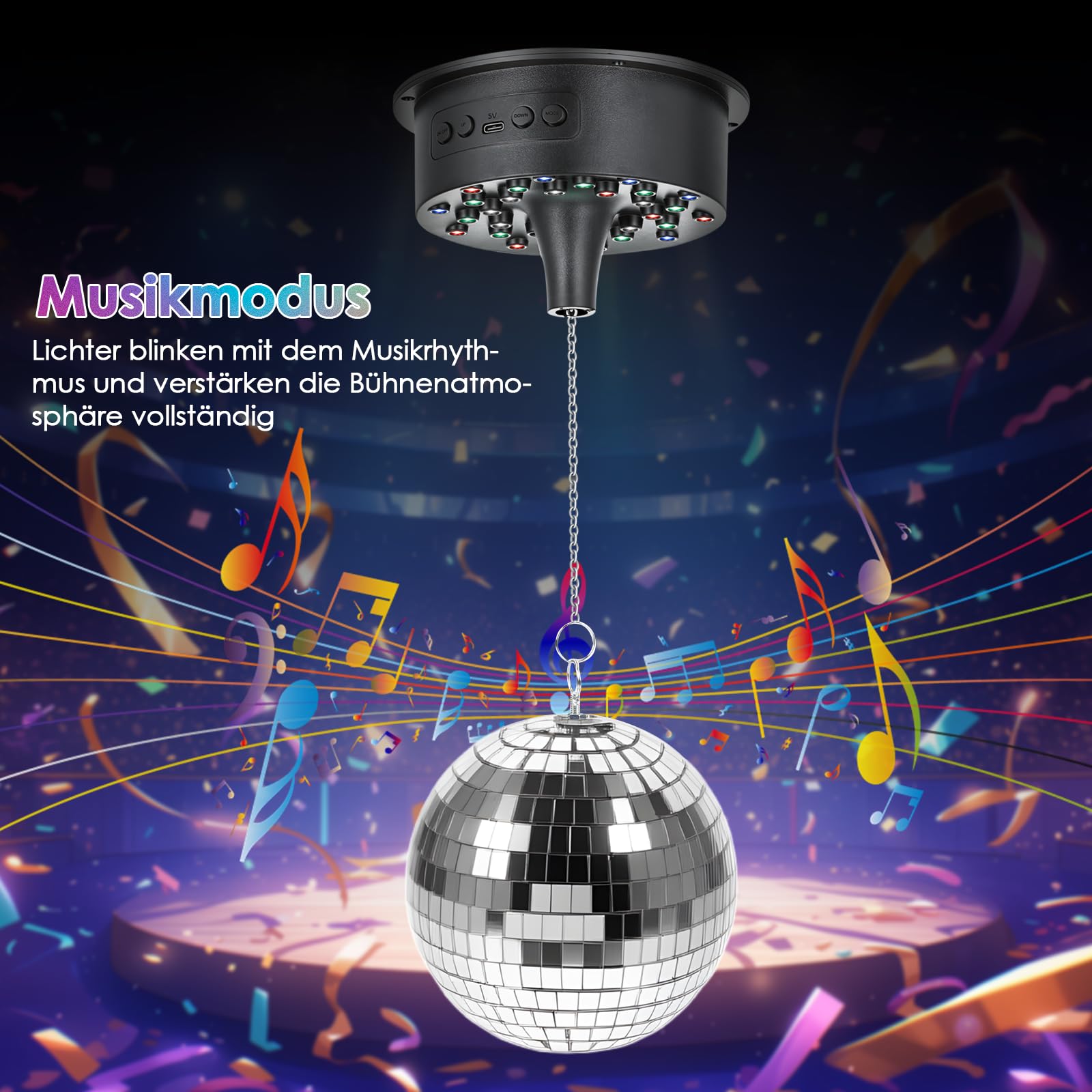 Tomshine Discokugel mit Motor und Licht 18cm - Rotierende Spiegelkugel Set mit 30 RGB LEDs, 6 Geschwindigkeiten, Fernbedienung & Musiksteuerung, Batterie/USB Disco Licht für Party Kinderzimmer