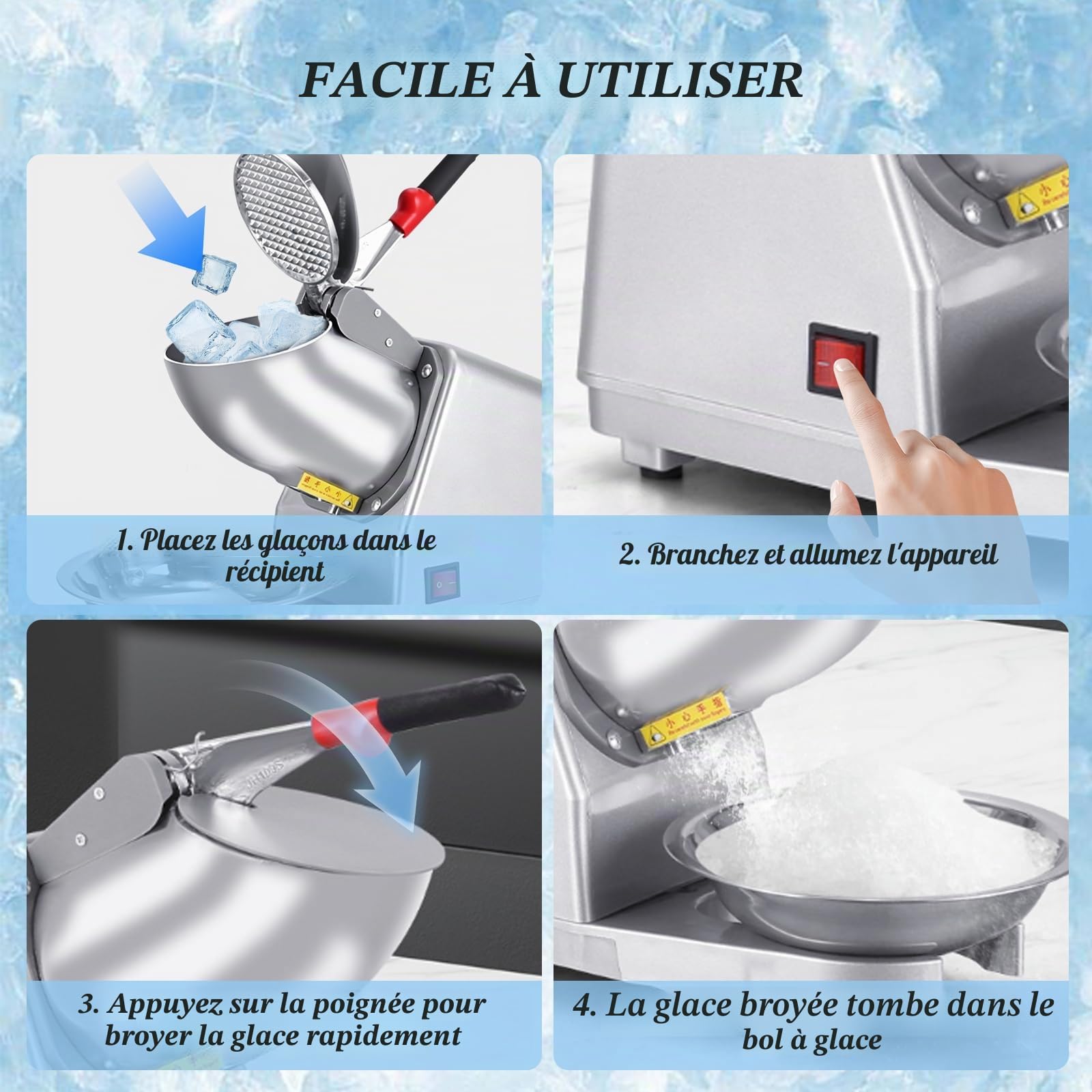 Broyeur à Glace Électrique, Machine à Glace Pilée en Acier Inoxydable avec 2 Lames Capacité de 65 kg/h, pour smoothies, Boissons Froides, Thé au Lait