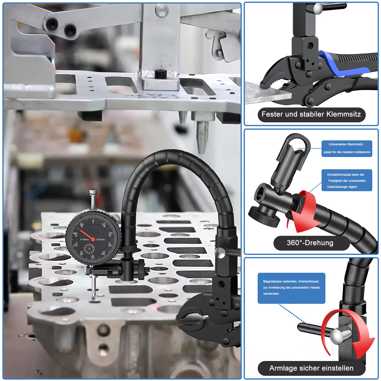 Jauge de rotor de frein à disque avec jauge de 0 à 10 mm (résolution de 0,01 mm), testeur de résistance aux chocs des disques de frein de voiture, étau de serrage avec bras flexible à 360°