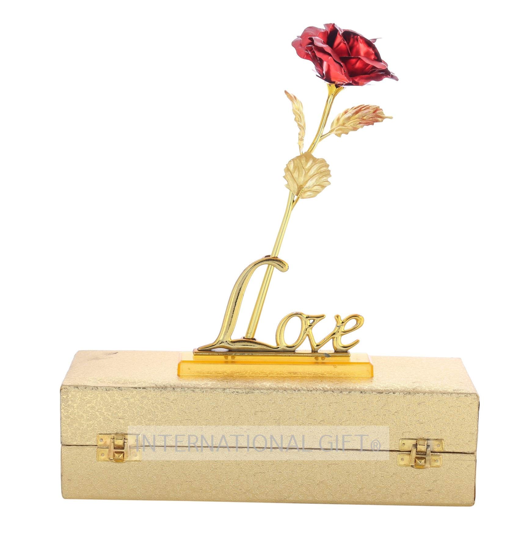 INTERNATIONAL GIFT® Red Rose Flower and Love Shape Stand with Box (Red, Golden, 1 Piece)
