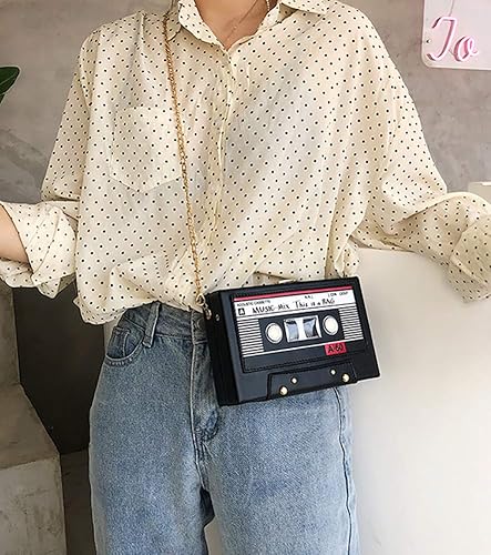 Miniatura 4 de QZUnique Bolso de hombro en forma de cinta con grabador de radio PU Crossbody bolso de noche retro para mujer, bolso de mano