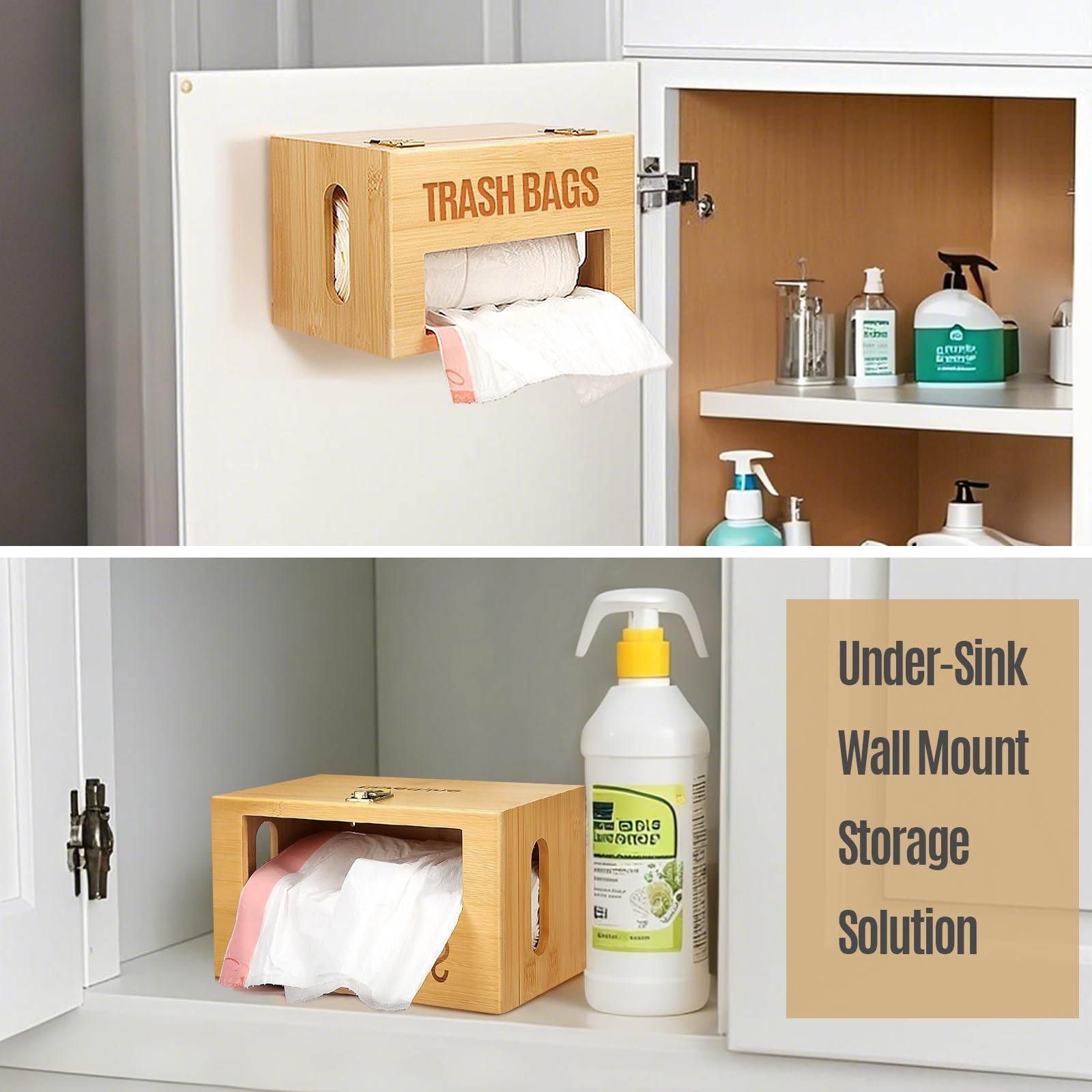 Libreshine Dispensador de bolsas de basura, dispensador de bolsas de basura de cocina, soporte de pared, organizador de bolsas de basura de bambú debajo del fregadero (estándar)