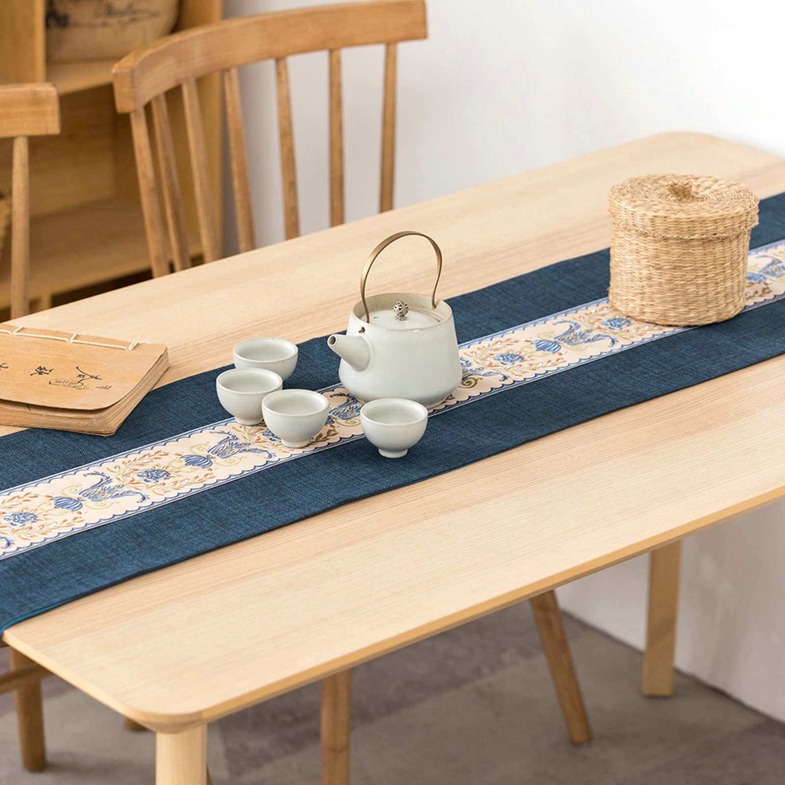 Gualiy Tischläufer Wohnzimmer, Leinen Tischläufer Abwaschbar 32.5x280cm Blume Stickerei Tischläufer für Wohnzimmertisch, Dunkelblau