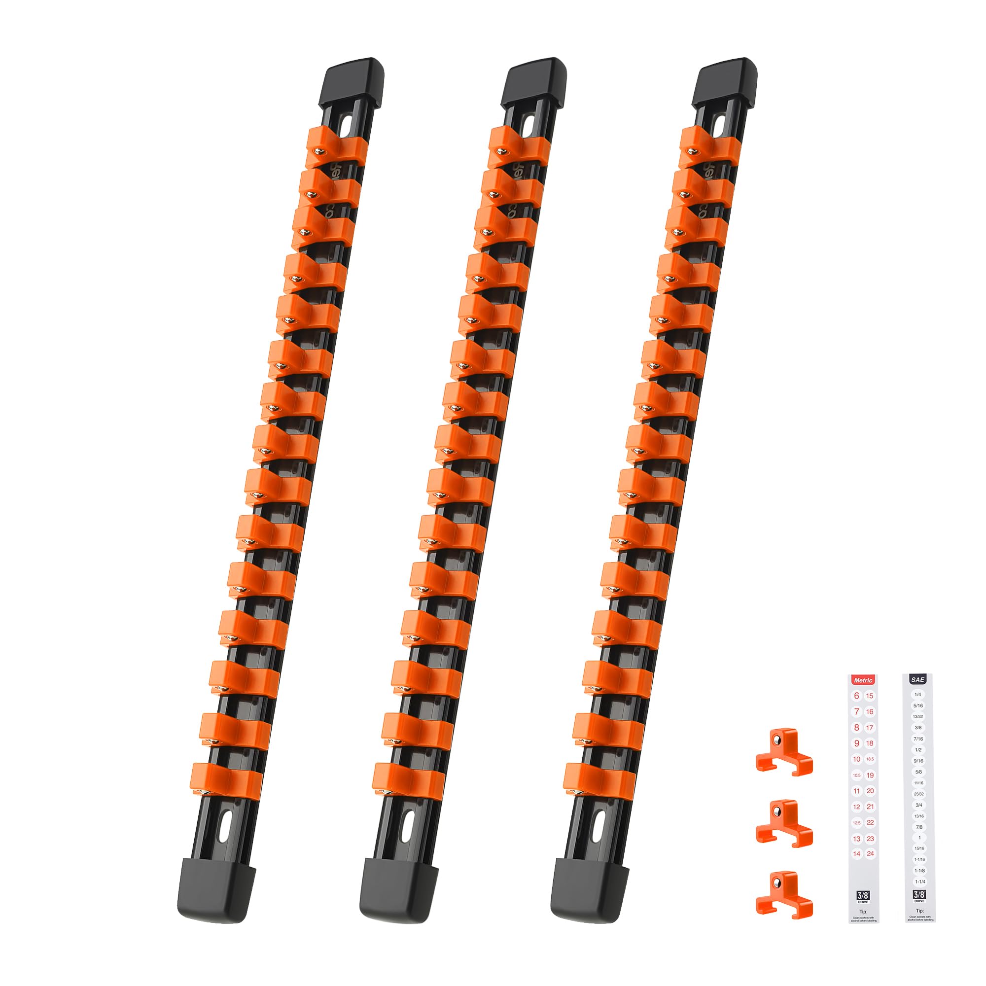 Reniteco 3-Piece Socket Organizer - 3/8-Inch Drive x 45 Clips, Heavy Duty ABS Socket Holder with Removable End Caps, Premium Socket Rail for Tool Box