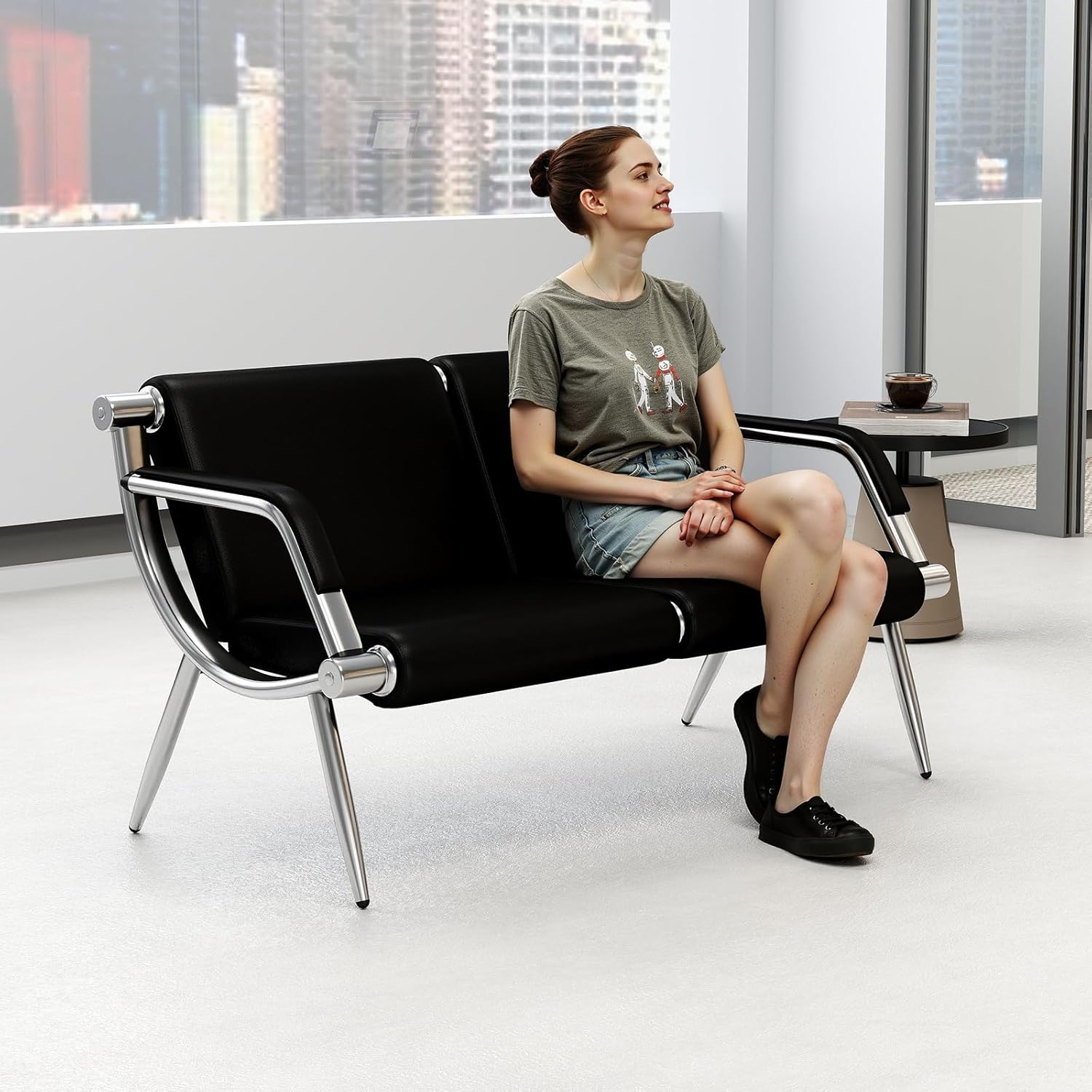 KINTNESS 2 Seat Waiting Room Chair - PU Leather Reception Guest Chair Lobby Furniture with Arms for Airport Bank Clinic Office
