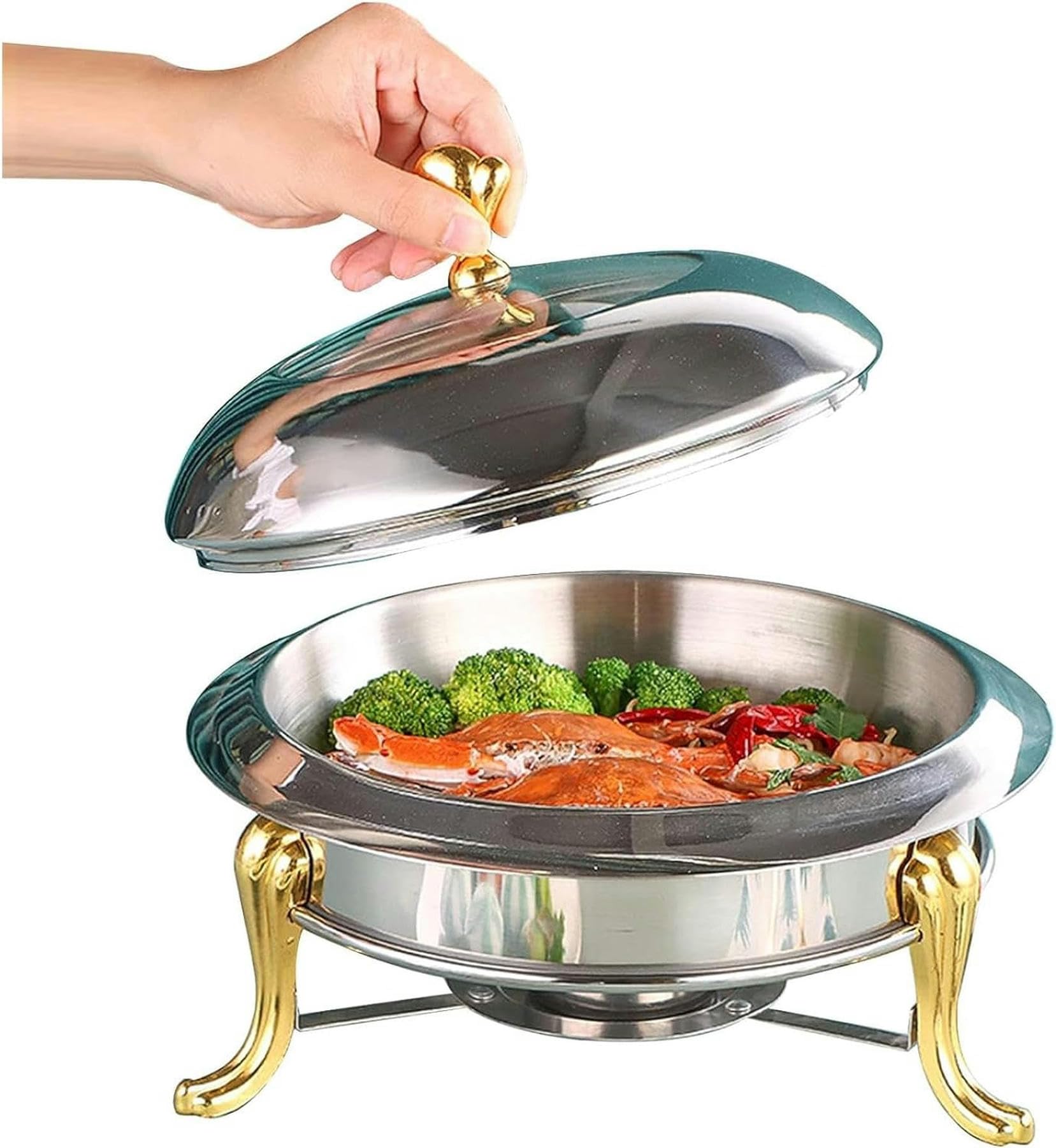 Juego de platos de roce, calentador de alimentos de acero inoxidable de tamaño completo con horno de alcohol y tapa para catering, fiestas, bodas y restaurantes