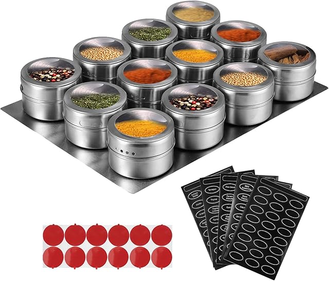 Tanice Spice Jars 12 Pack Magnetic Spice Tins Stainless Steel Transparent Top Magnetic Storage Containers Stick on Refrigerator with 1 Tray, 5 Sheets of Spice Labels and 12 PCS Adhesives for Kitchen