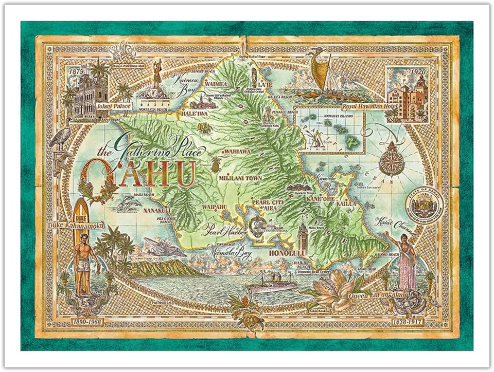 Map of Oahu The Gathering Place - Vintage Hawaiian Colored Cartographic Map by Dave Stevenson - Bamboo Fine Art 290gsm Paper Print (Unframed) 24x32in