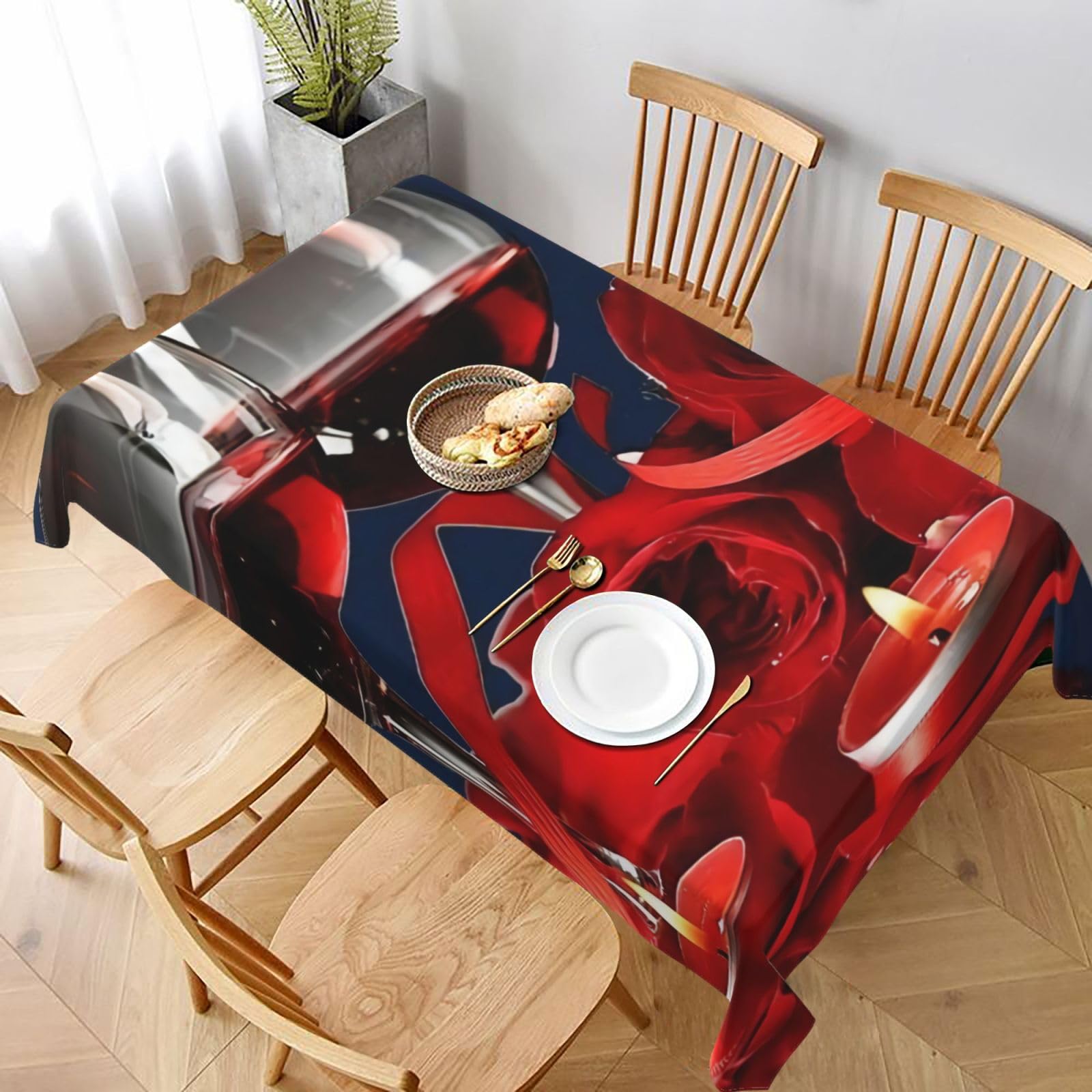 BNVSADC Red Wine Rose and Candle Printed Rectangle Tablecloth 228x152 CM, Water Resistant Polyester Table Cloth Decorative Fabric Table Covers for Kitchen Dining Table Parties Camping