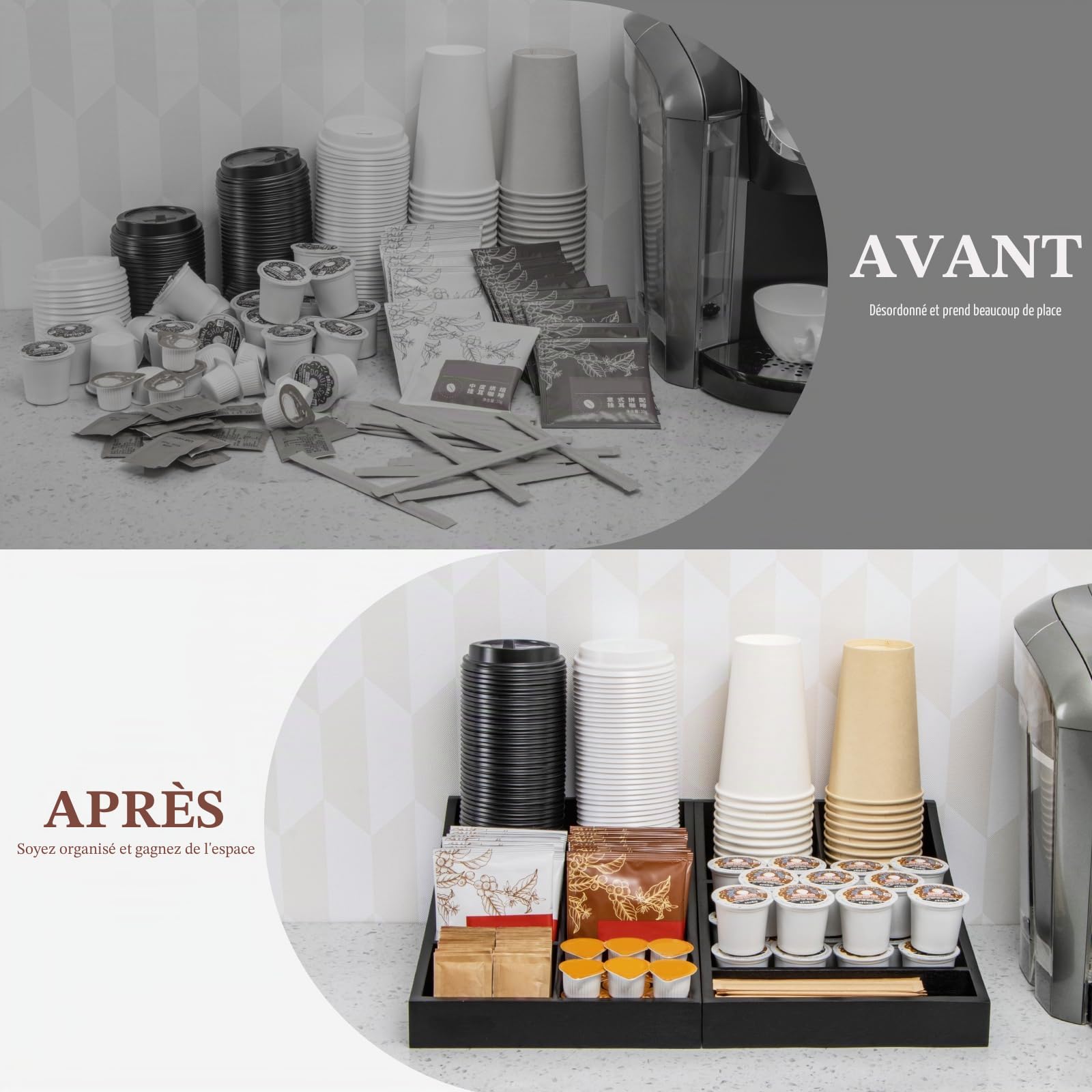 ANBOXIT Organisateur de Station de Café pour Comptoir, Plateau de Service de Condiments, Organisateur de Bar à Café pour Maison, Bureau et Salle de Pause - Bois, Noir, 9 Compartiments, Deux-en-Un