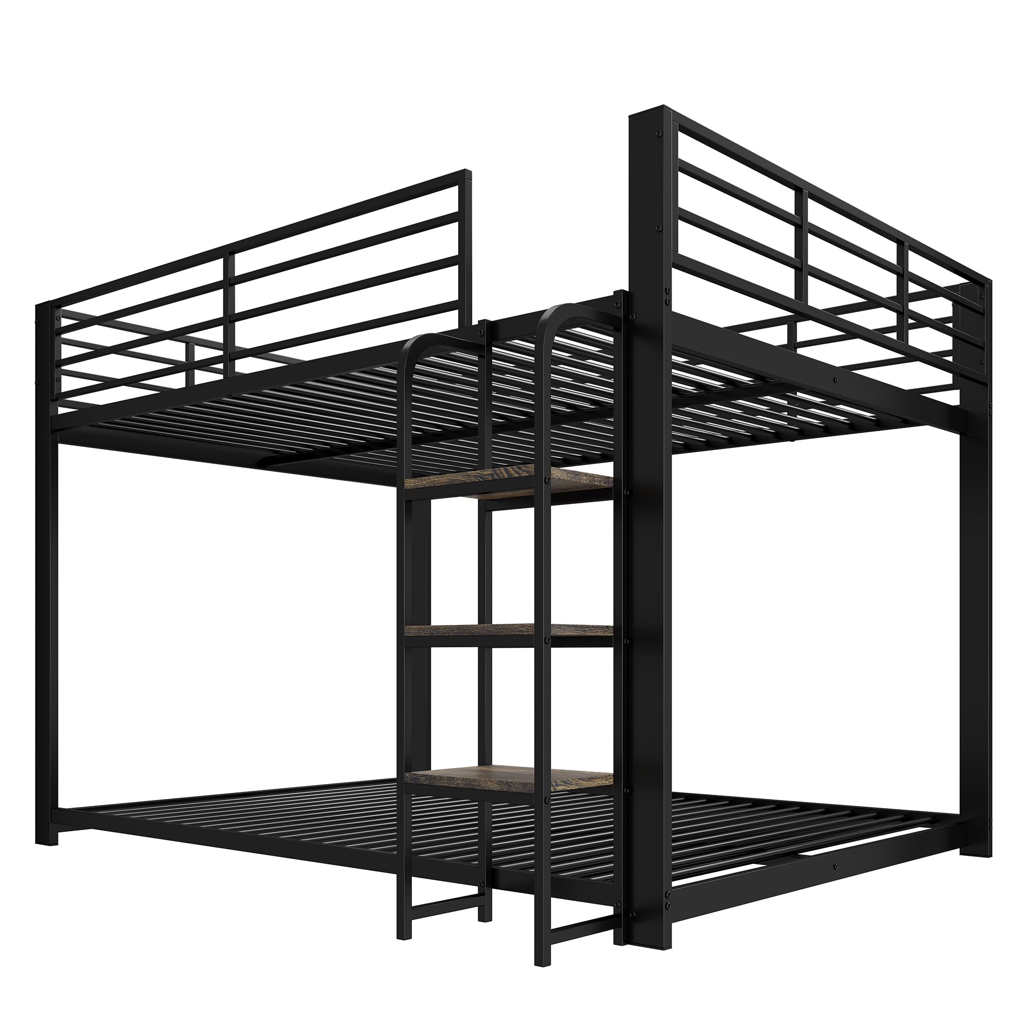 Letto a castello, 140 x 200 cm, con scaffale in legno, letto in metallo con protezione anticaduta, per bambini e ragazzi, letto familiare, letto da gioco, senza materasso, colore: nero, 140 x