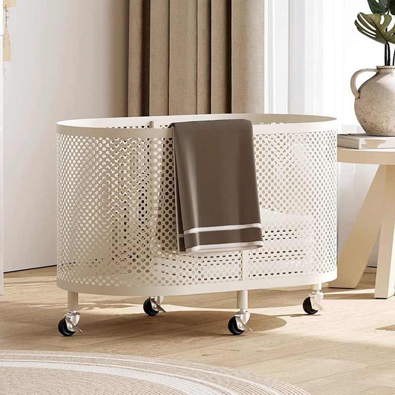 MRKU Folding Laundry Basket Household Storage Metal with Wheels,Rolling Cart,Baking Varnish Process,Raised Guardrail Design