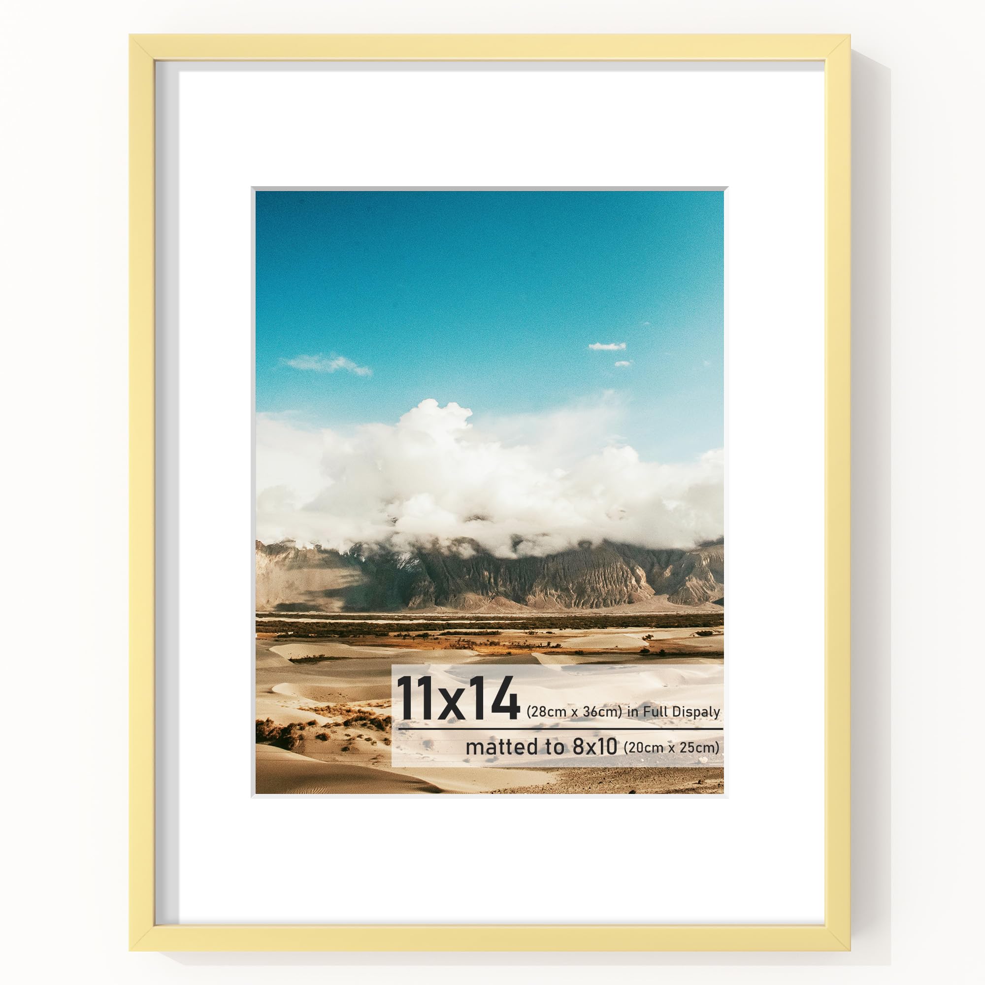 Metal Picture Frame 8x10in with Mat or 11 x 14in Without Mat, Upgrade Aluminum Photo Frames, for TableTop Display and Wall Mounting, Wall Hook Hanging Hardware Included, Gold