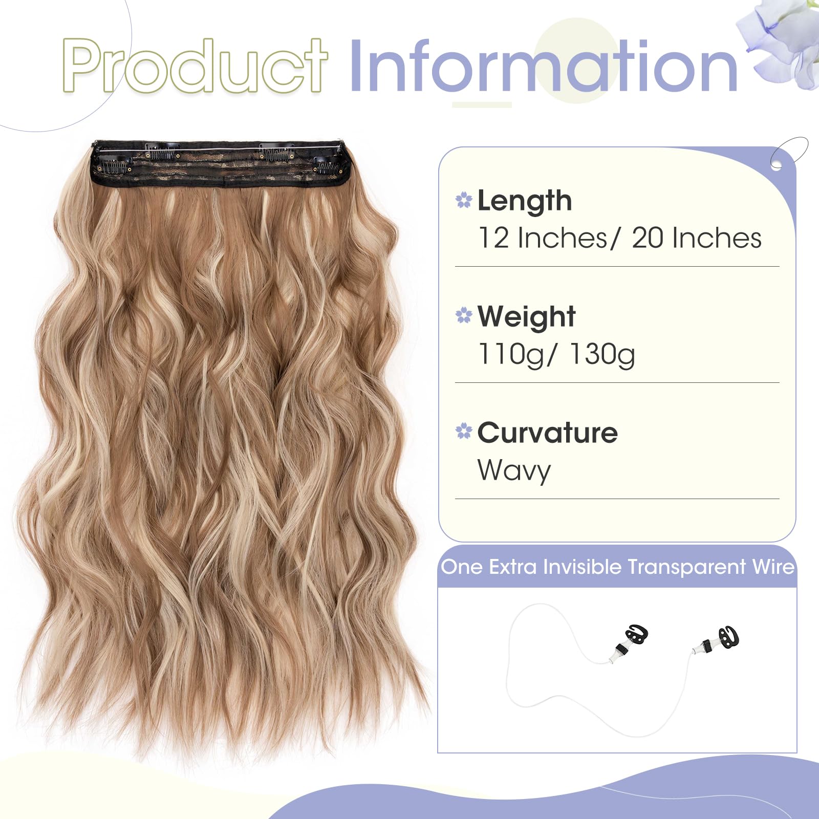 TESS Secret Wire Hair Extension Wavy Invisible One Piece Synthetic Hair Extensions Curly Full Thick Long Adjustable Hairpieces for Women (Bleach Blonde - Image 2