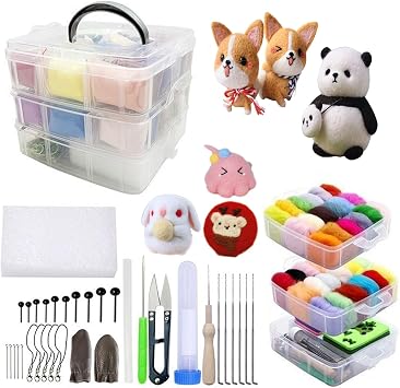 HDFCLUP Needle Felting Kit, Needle Felt Kits for Beginners, Wool Roving Set 40 Rolls, Needle Felting Tools Kit Wool Felt Tools with Instruction Included for Felted Animal Needle Felting Supplies