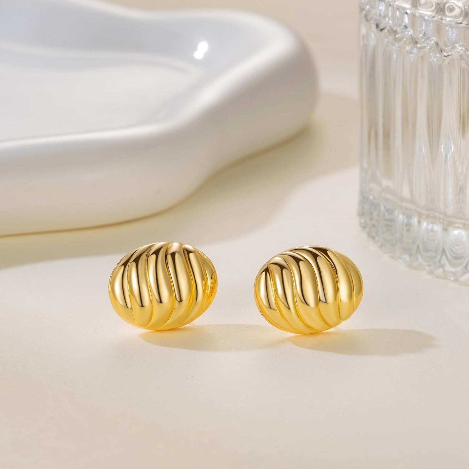 14K Gold Earrings for Women Gold Studs Earrings for Women Stud Earring for Womens Studs Oval Disc with Engraved Ripple Pattern Stud Earring for Womens 20mm - Image 6