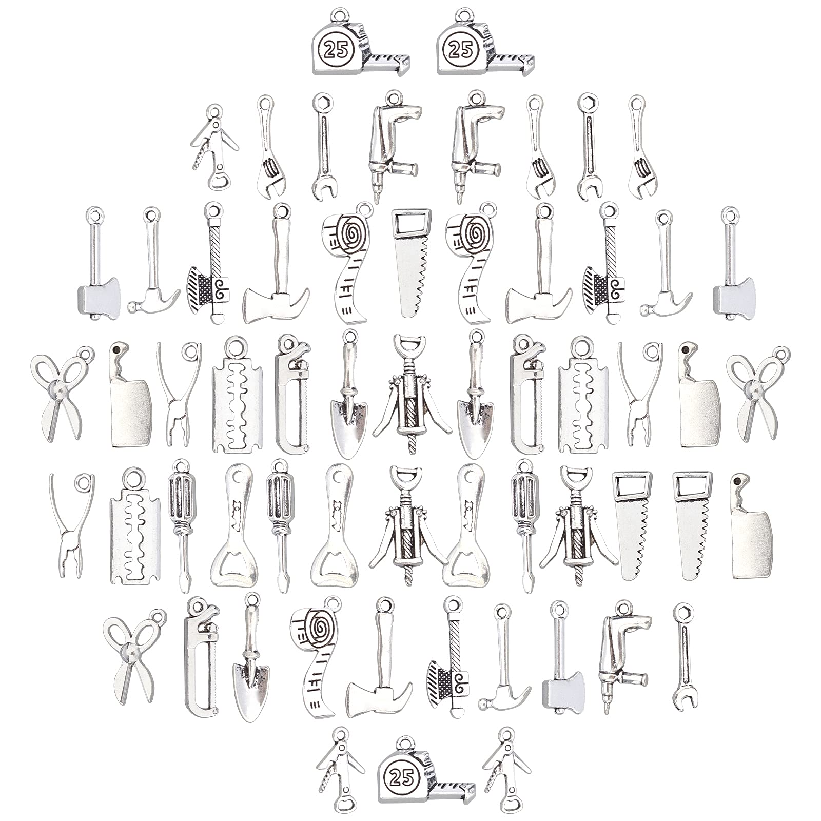 SUNNYCLUE1 Box 60Pcs 20 Styles Home Tools Charms Alloy Pendants Tibetan Style Scissor Hammer Axe Bottle Opener Nail Drawer with Hole for Crafting Jewelry Making Accessory DIY, Antiqued Silver
