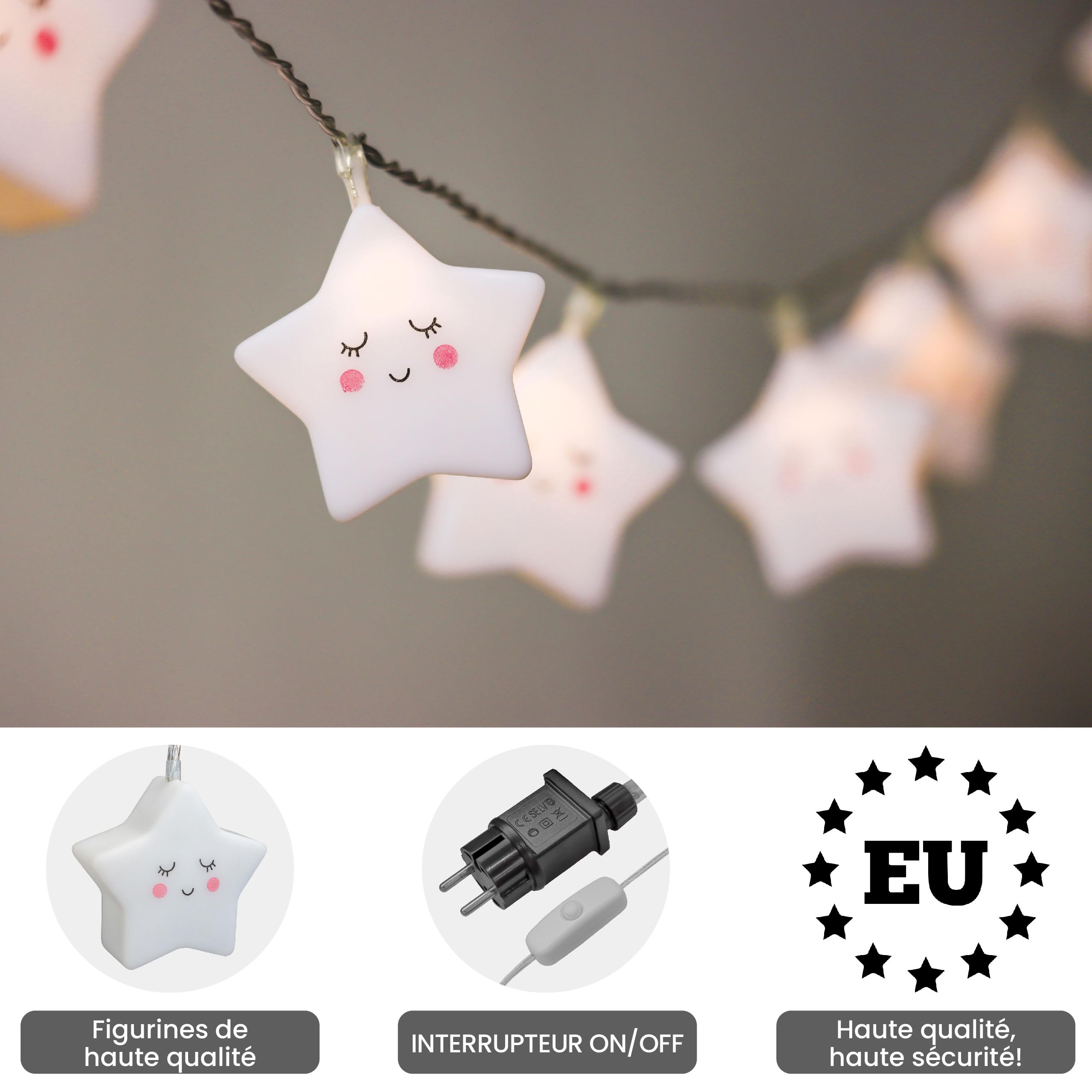 CozyHome Guirlande lumineuse intérieur étoile enfants - 20 LED blanc chaud | 6 mètres I Avec fiche I Guirlande lumineuse chambre I Guirlandes lumineuses interieur I Fairy lights decoration Girlande