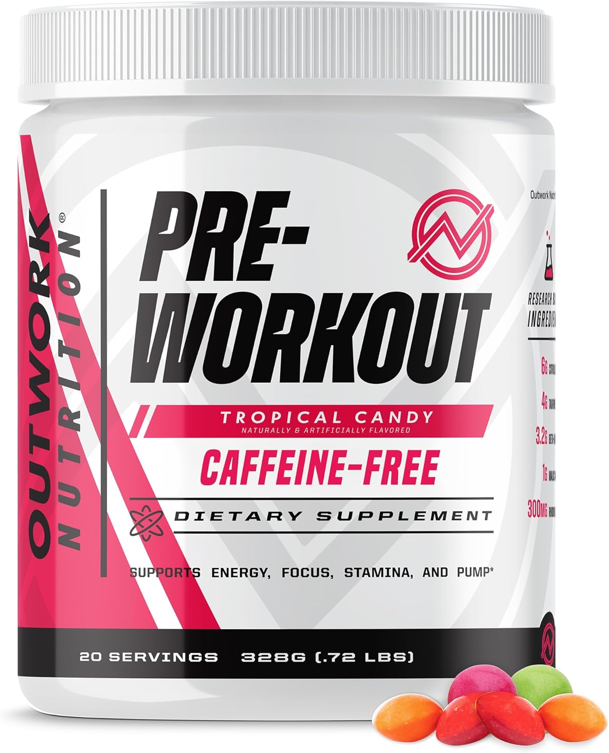 Outwork Nutrition Non-Stim Pre Workout Powder - Citrulline Malate, Beta-Alanine, Rhodiola Extract for Performance, Focus & Energy Boost - Preworkout for Men, Women (Caffeine Free, Tropical Candy)