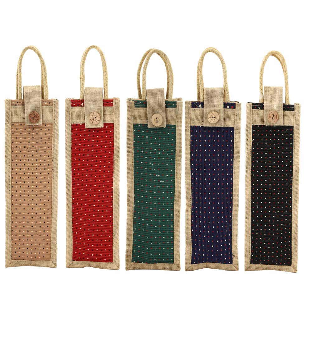 ASIAN Jute Wine Bottle Gift Bag/Bottle Carry Bag/Water Bottle Cover-velcro closure and Handle for men & women (Pack of 5) (Multicolor) (B0B15BP35H) Amazon Price History, Amazon Price Tracker