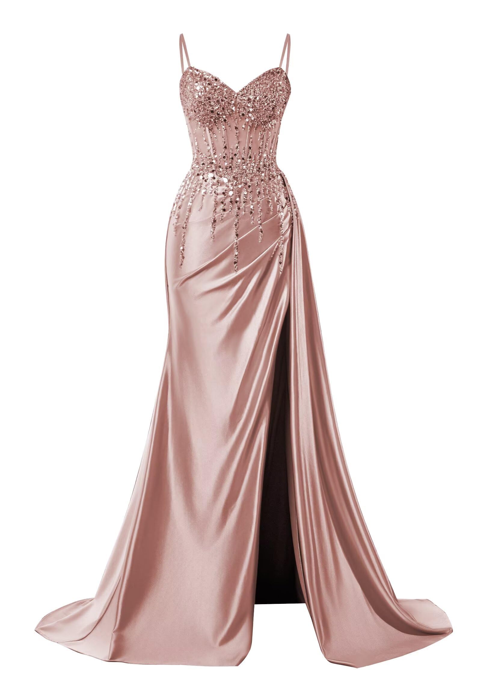 HPPEE Dusty Rose Satin Prom Dresses for Women with Slit Glitter Sequin Mermaid Formal Party Gown Celebrity Pageant Dress UK6