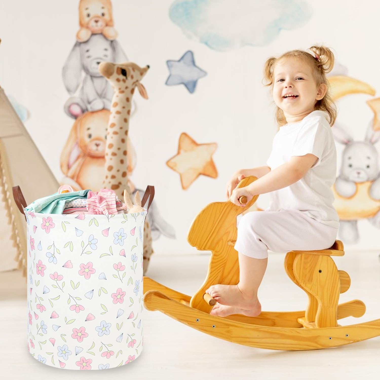 FXOCSHE Flower Patter Laundry Hamper,Girls Laundry Basket,Waterproof foldable kid's laundry basket,Baby Girls Nursery Hamper,Gift Baskets, Girls Room Decor(Blue flower)