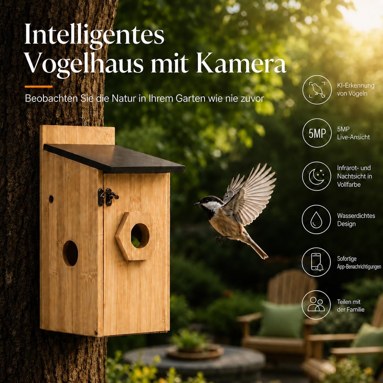Vogelhaus mit Kamera, 5MP HD Nistkasten für draußen, 2,4G WiFi & App Benachrichtigung, Beobachtung von Nestbau und Brut, Automatische Aufnahme von Vogelvideos & Bewegungserkennung, Solarbetrieb