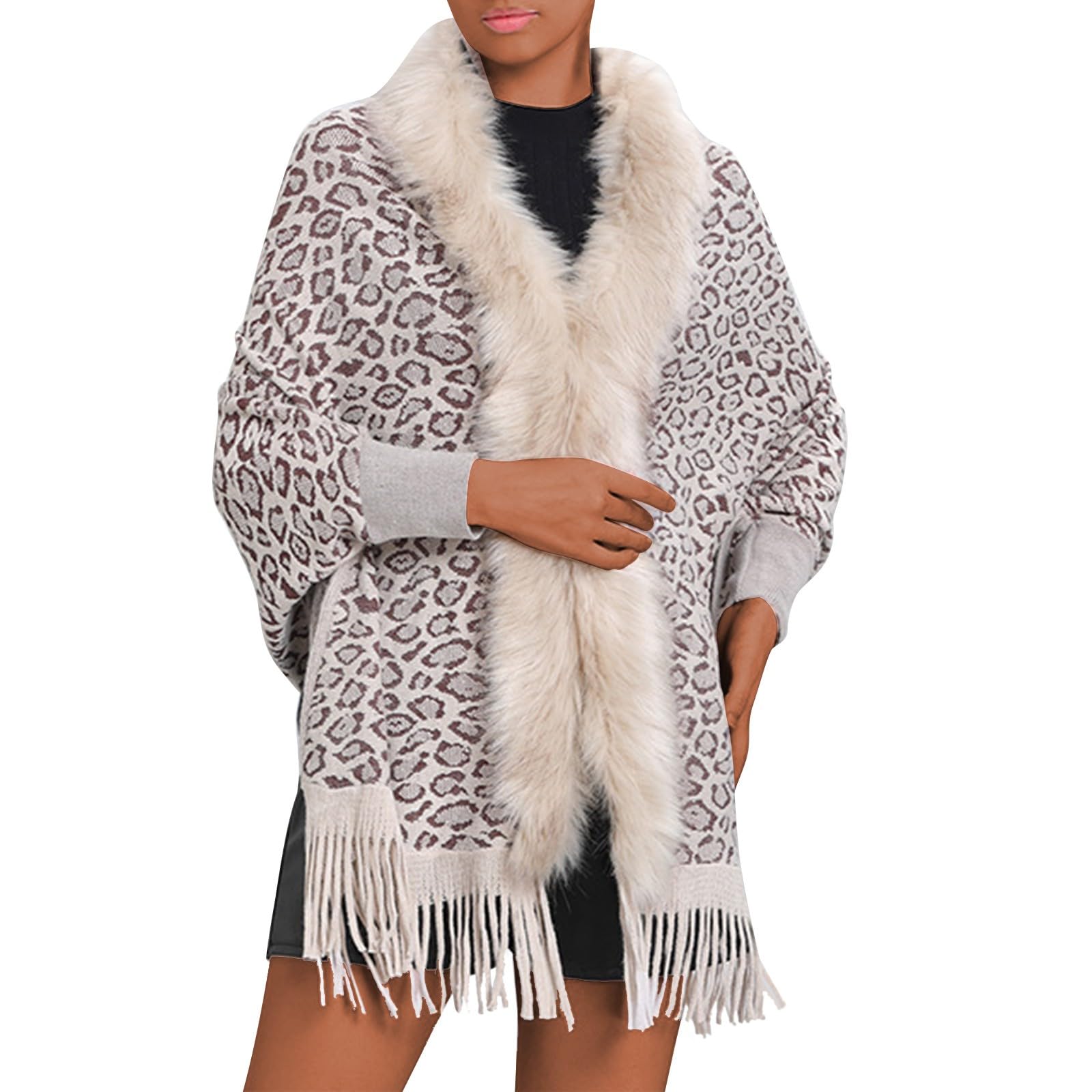 Pelz-Cardigans für Damen, Winter, Kunstfell, Stola, warm, Wickelumhang, Leopardenmuster, Poncho, Umhang, Quaste, lockere Streetwear, Übermantel, Schals für Abendkleider