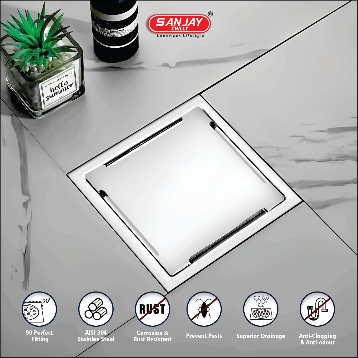 Sanjay Chilly Floor Drain for Bathroom Clean Line Golden Series Floor Drain Strainer Cover Jali 304 Grade Stainless Steel Kitchen Bathroom Gratings Safety from Cockroach & Insects Square (5x5 Inch)