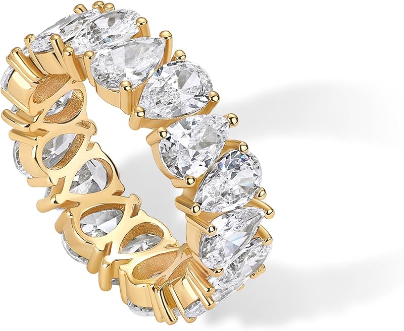 14K Gold Plated Pear Love Eternity Rings for Women | Gold Cubic Zirconia Ring | Bridal Eternity Wedding Band Ring
