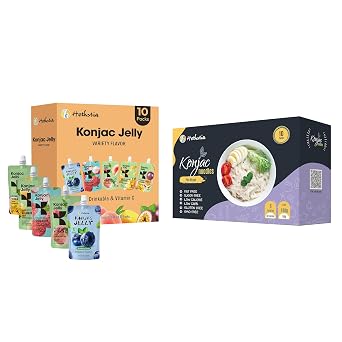 Hethstia Shirataki Noodle, Vegan Pho Konjac Noodle 10 Pack and Konjac Jelly Variety Pack, 10 Drinkable Jelly Pouches Lychee, Blueberry, Peach, Mango, Passion Fruit