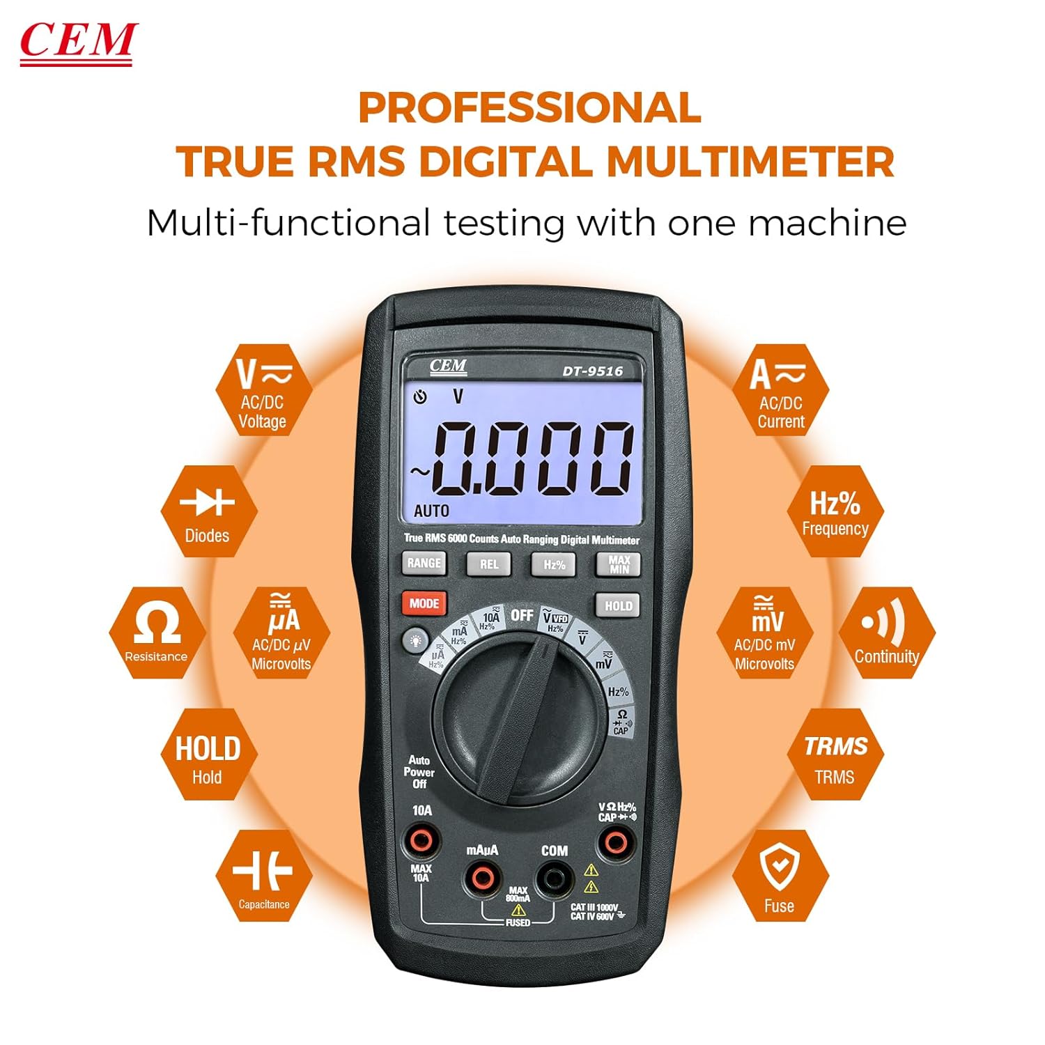 CEM DT-9516 Multimeter highlighting various measurement functions like voltage, current, resistance, capacitance, frequency, diode, continuity, and VFD.