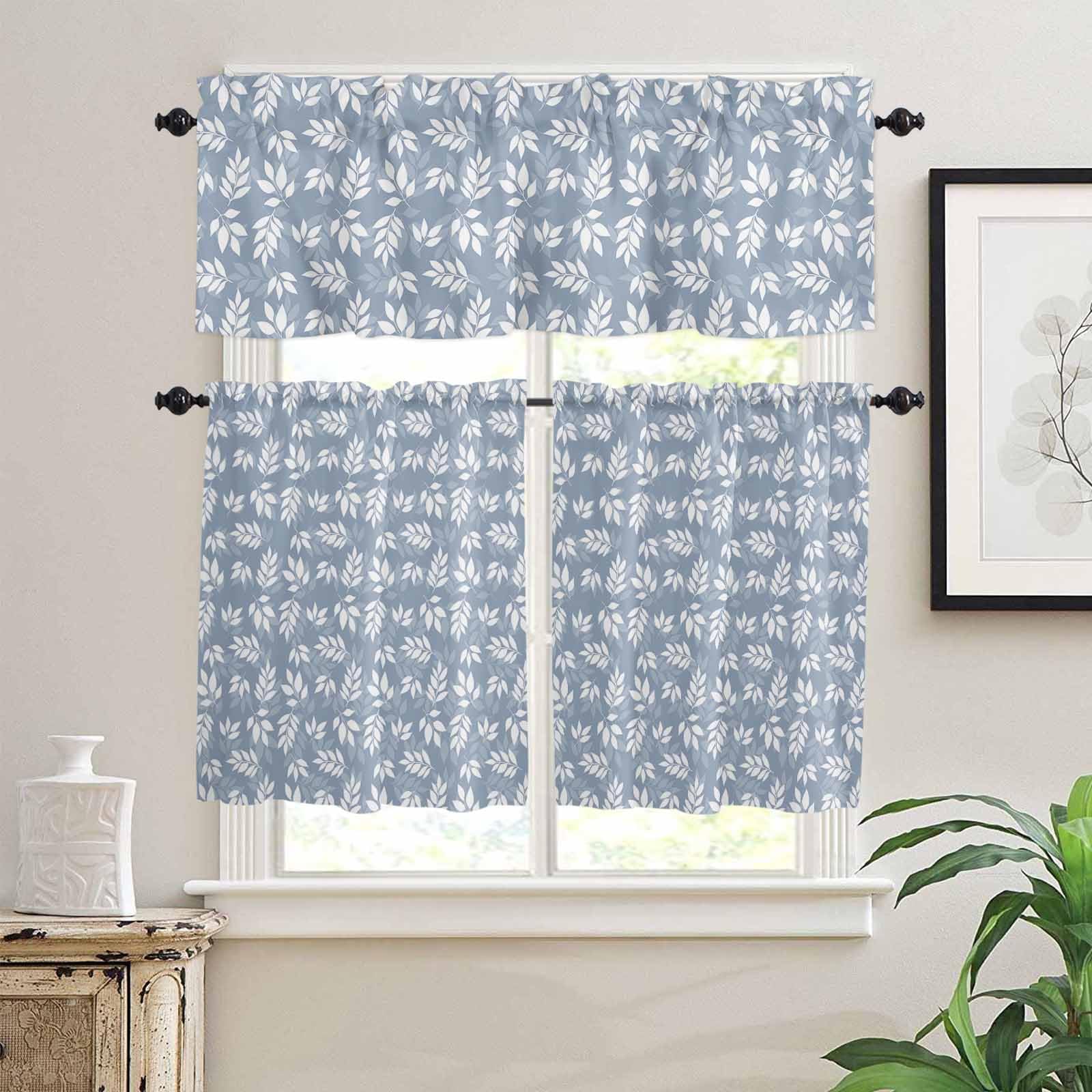 Country Leaves Kitchen Curtains 24 Inch Length, 3 Piece Rod Pocket Small Half Tiers and Valance Set, Blue Spring Pastoral Botanical Leaf Small Large Window Treatment Decor for Bedroom/Bathroom Sink
