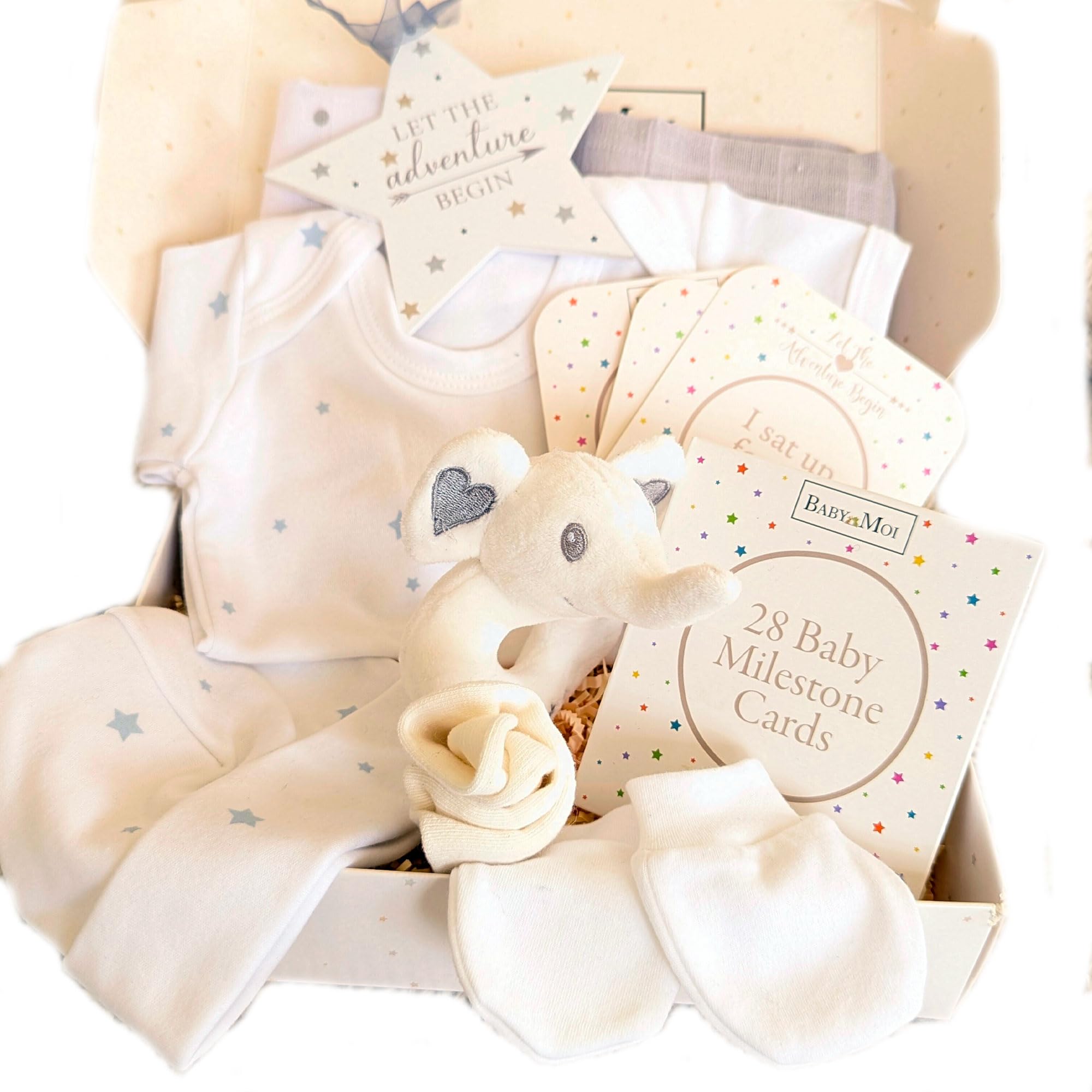 Welcome to The World Coffret cadeau 7 pièces pour bébé avec vêtements essentiels pour bébé, chaussettes, jouets, plaque pour bébé, cadeau pour future maman, éléphant (unisexe)