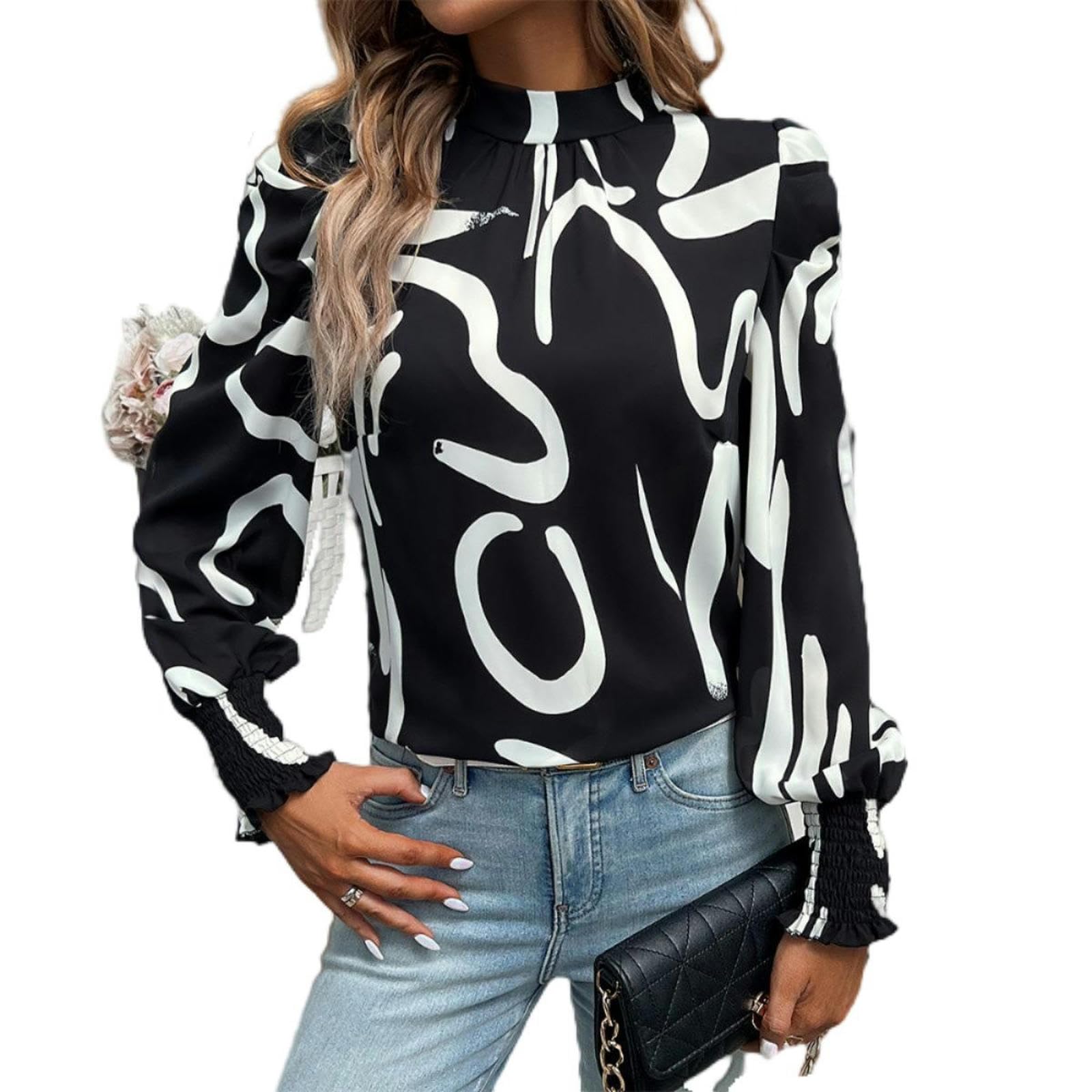 Camisa Estampada Mujer Cuello Redondo Manga Larga Invierno - Fondo Negro Flores Blancas - M