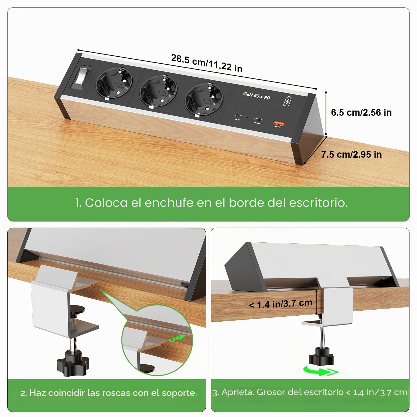 Enchufe de Mesa de Aluminio con 3 enchufes con 2 USB C GAN PD de 65 W y Cable de 3 m, regleta de enchufes para Escritorio con Interruptor, para casa, Oficina, Color Plateado y Negro