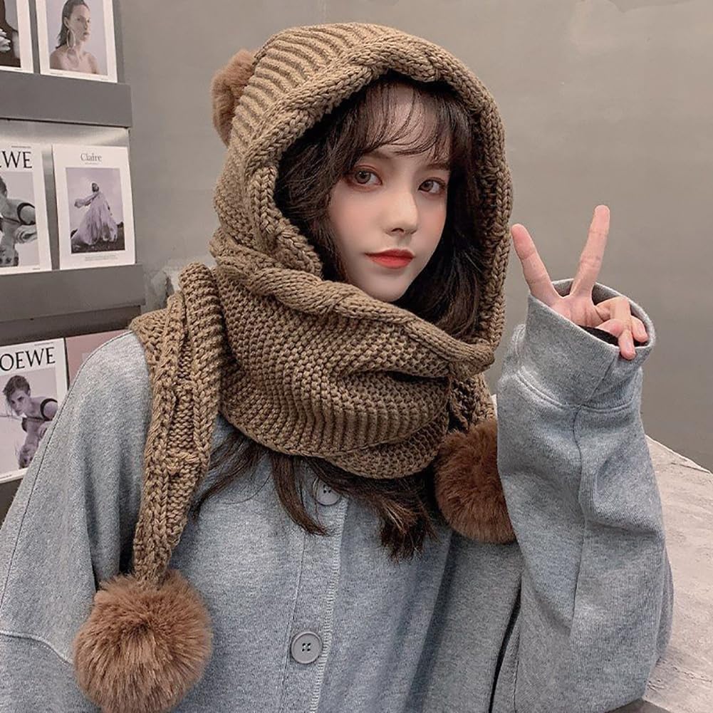 Hood Hat Scarf 2 in 1 Hooded Scarf for Women Winter Warm Beanie Hat with Faux Fur Pompom Fuzzy Knitted Hat Scarf Set