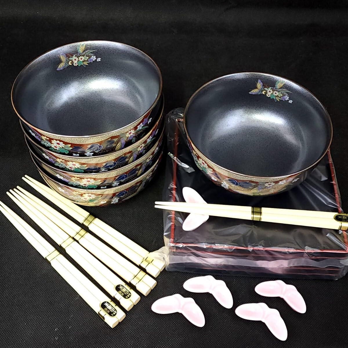 ブラックxグリーン　お盆・箸付き丼　5脚セット ブラックxグリーン お盆・箸付き丼 5脚セット