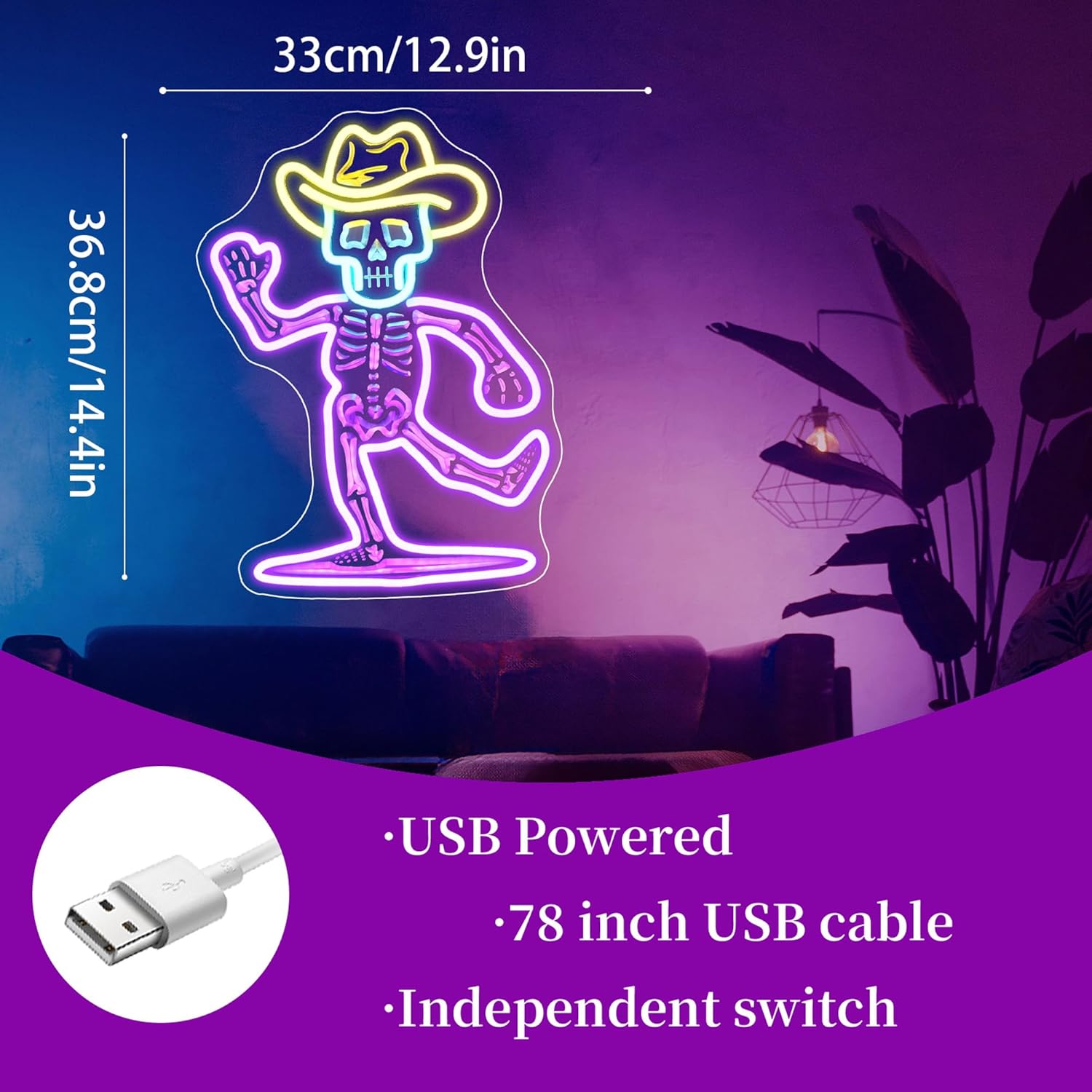 Neon Sign Led Neon Lights Neon Signs for Wall Decor USB Powered Led Neon Signs for Room Decoration (Cowboy Skeleton) - Image 3