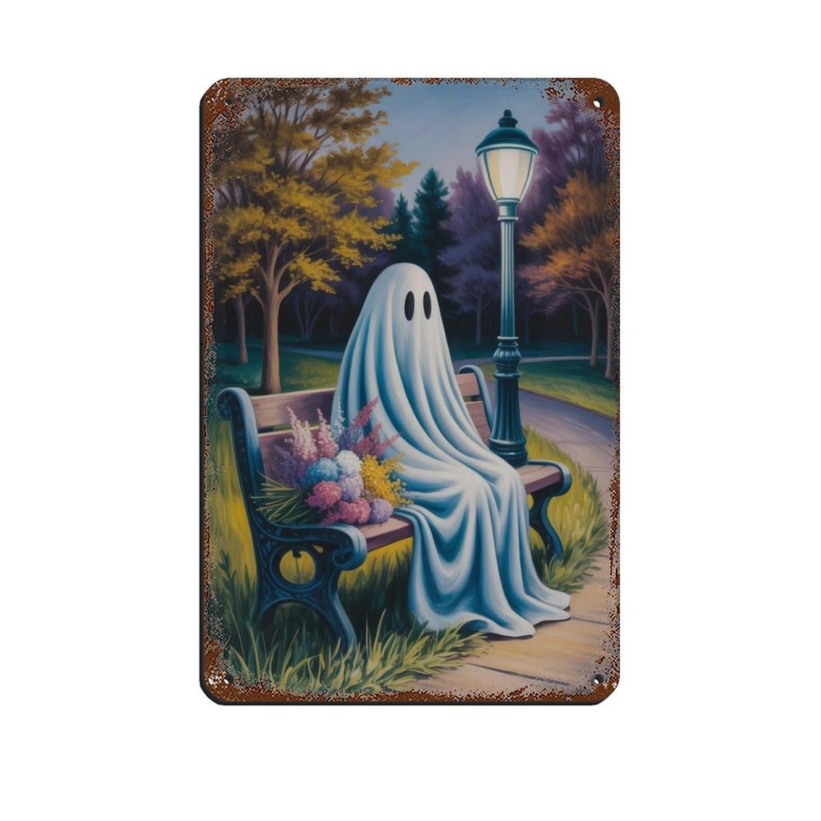 Ghost with Flowers on The Bench Poster Tin Sign Vintage Metal Pub Club Cafe Bar Home Wall Art Decoration Poster Retro 8x12inch(20x30cm)
